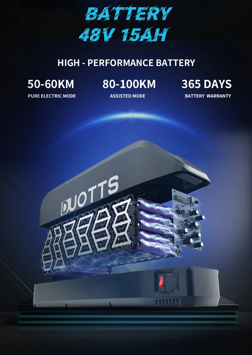 Batería DUOTTS 48V 15AH, 50-60km eléctrico puro, 80-100km asistido.