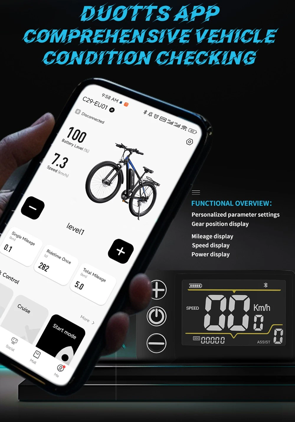 Un smartphone muestra una app de e-bike con datos, junto a una pantalla de velocidad.