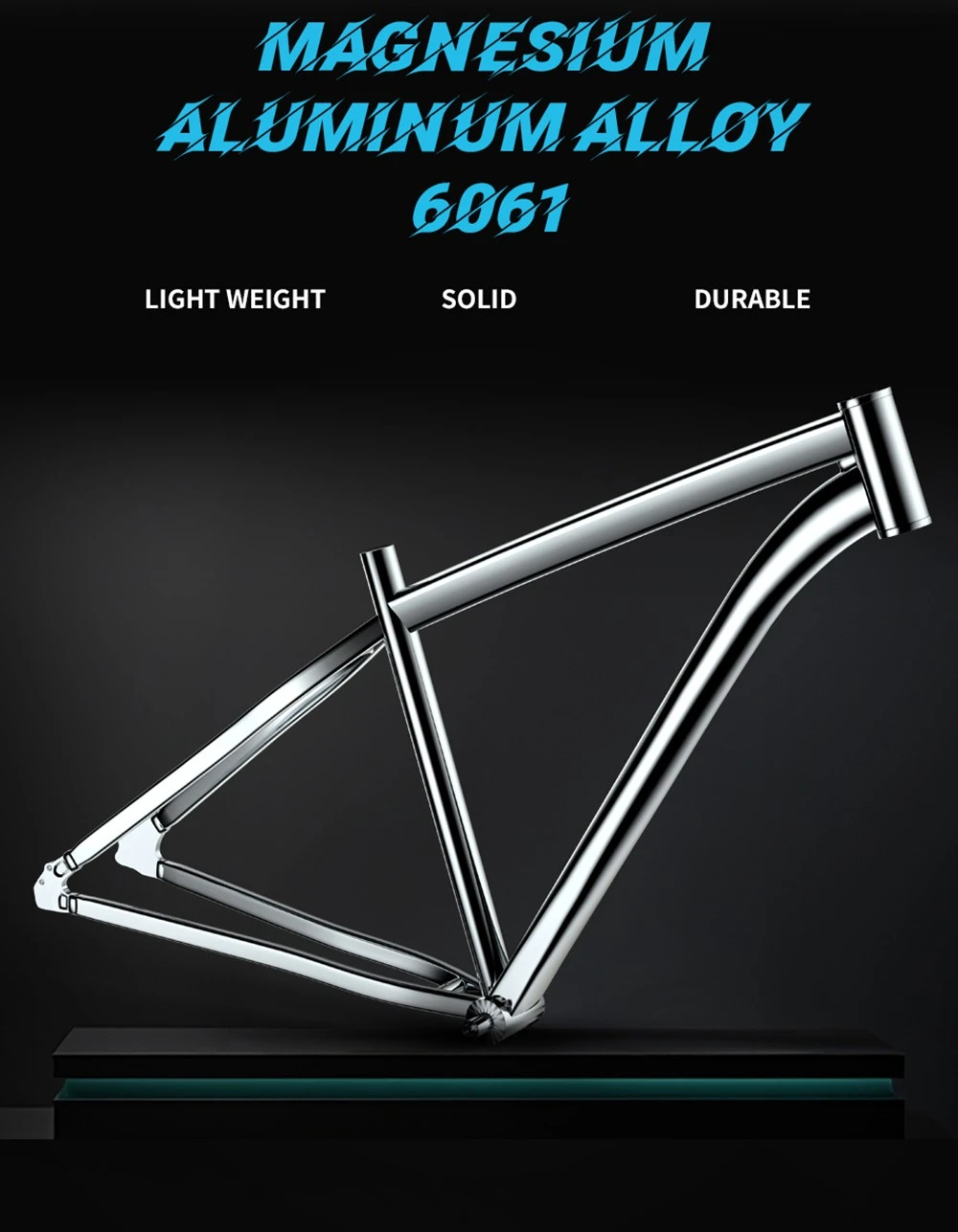 Un brillante cuadro de bicicleta de aleación de magnesio-aluminio 6061 sobre un soporte negro.
