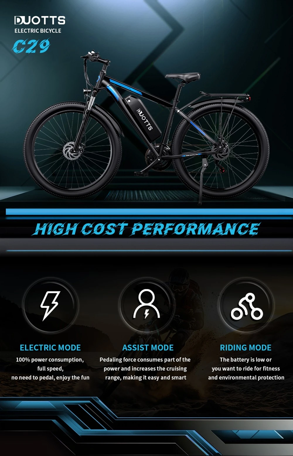 Una bicicleta eléctrica negra con detalles azules, mostrando modos Eléctrico, Asistido y de Conducción.