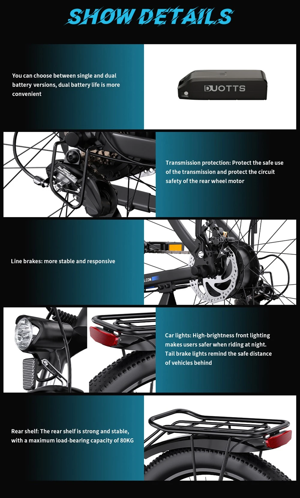Detalles de batería de e-bike, transmisión, frenos, luces y portaequipajes.