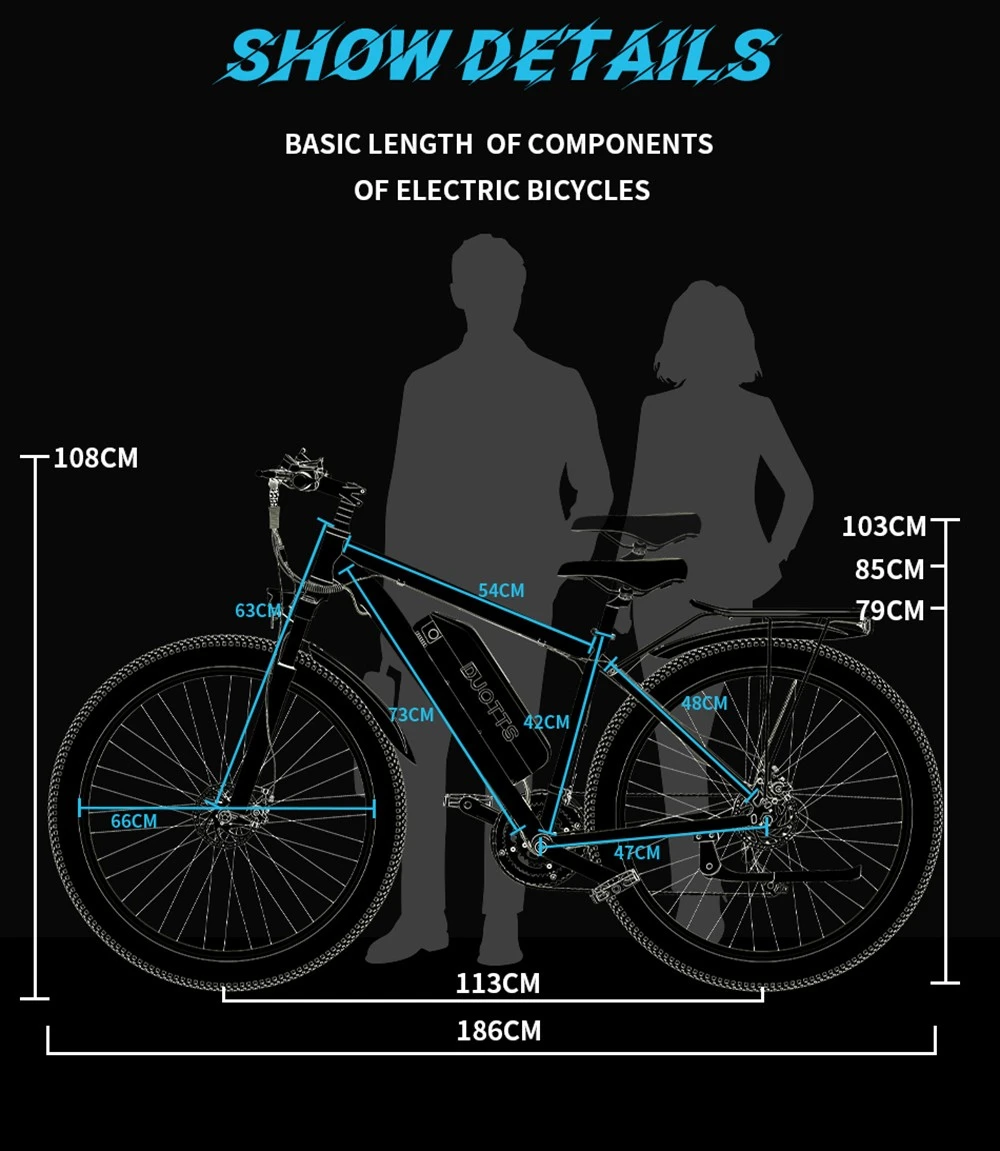 El diagrama muestra una bicicleta eléctrica con dimensiones y siluetas.