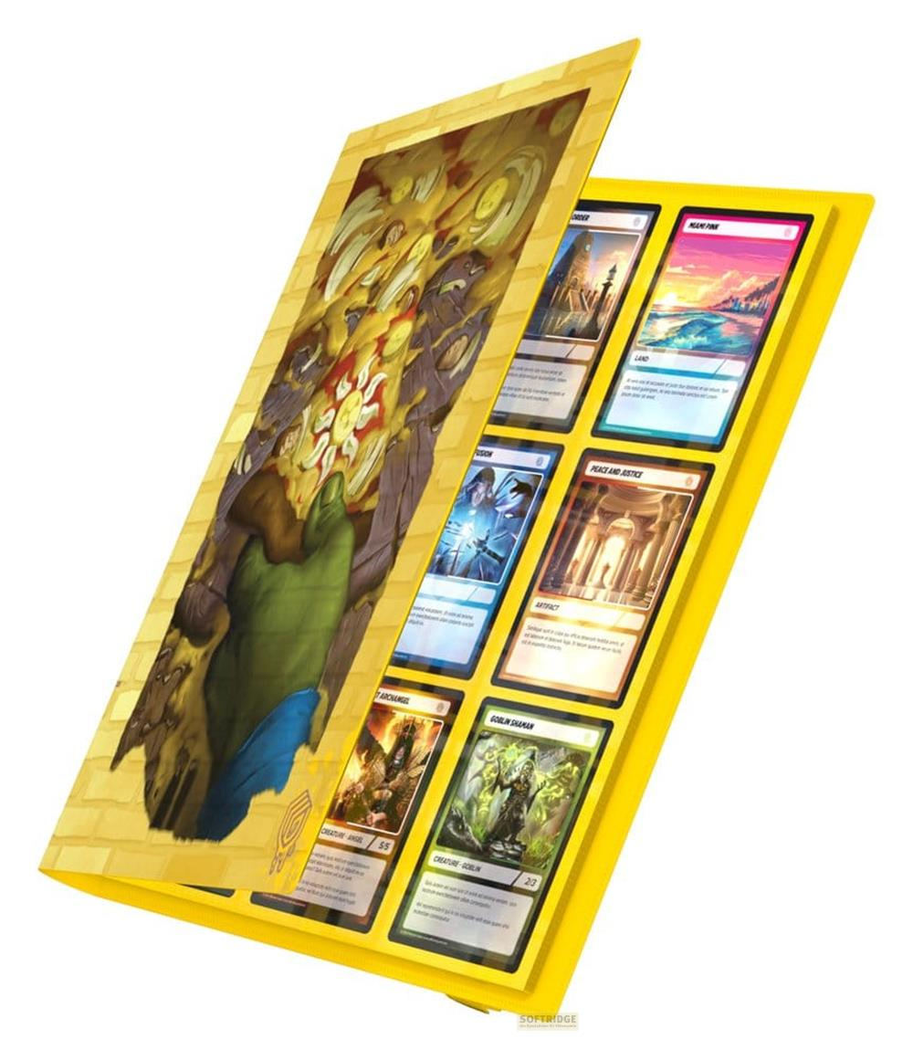 Cartella gialla con carte da gioco e una grande carta artistica.
