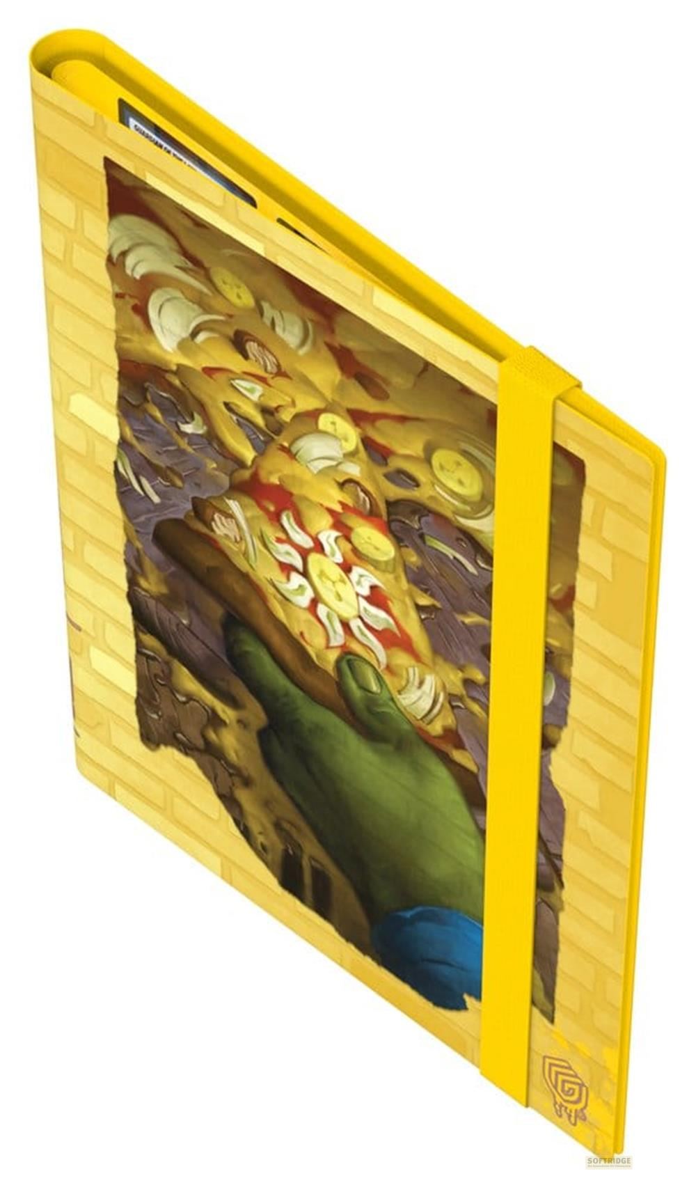 Taccuino giallo con un braccio verde che tiene una fetta di pizza.
