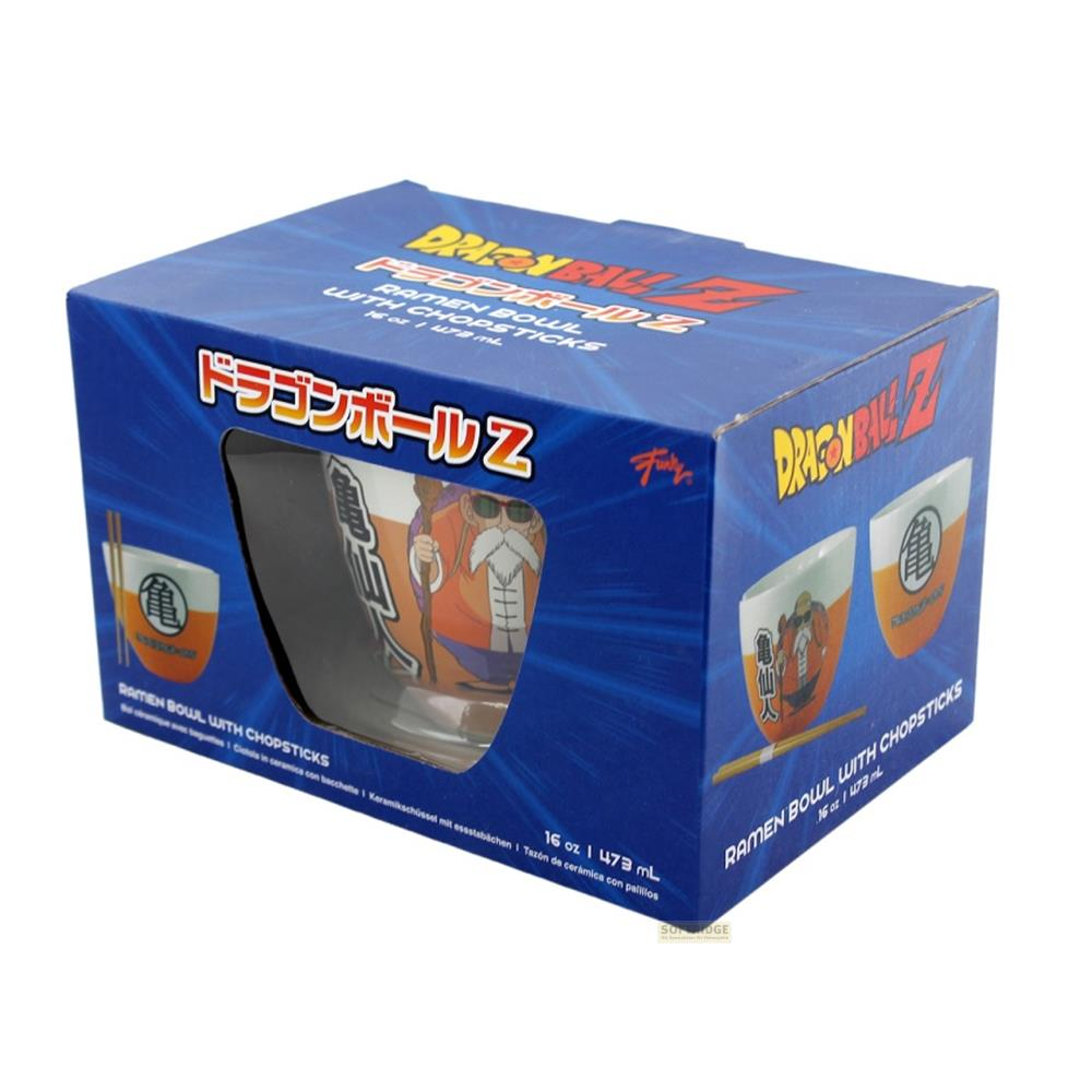 Una caja azul con cuencos de ramen y palillos de Dragon Ball Z.