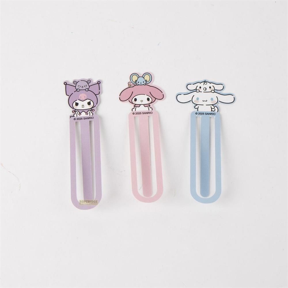 Tres marcapáginas de Sanrio: My Melody, Cinnamoroll y Kuromi.
