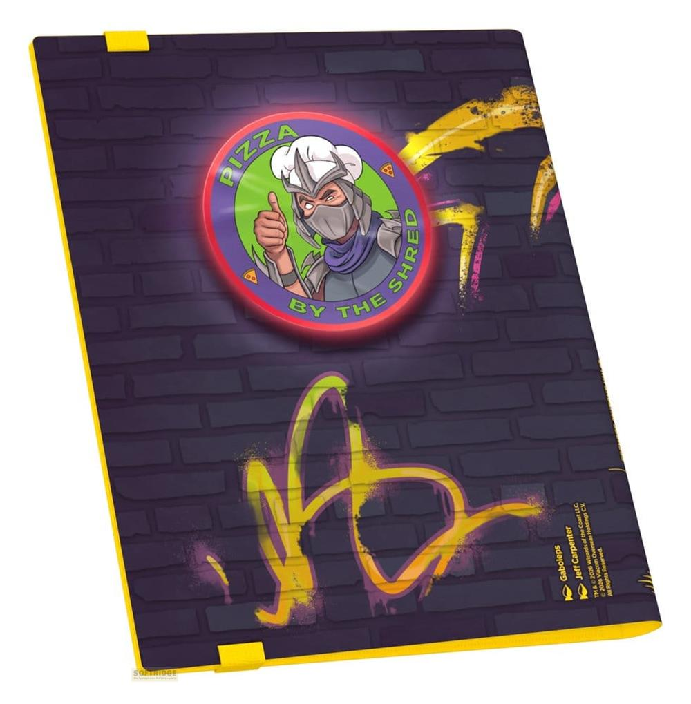 Shredder fa il pollice in su, Pizza da Shred. Mattoni viola e graffiti.