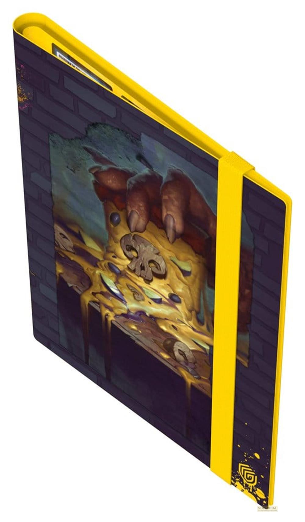 Un taccuino giallo con un dito di mostro che attraversa un muro di mattoni.