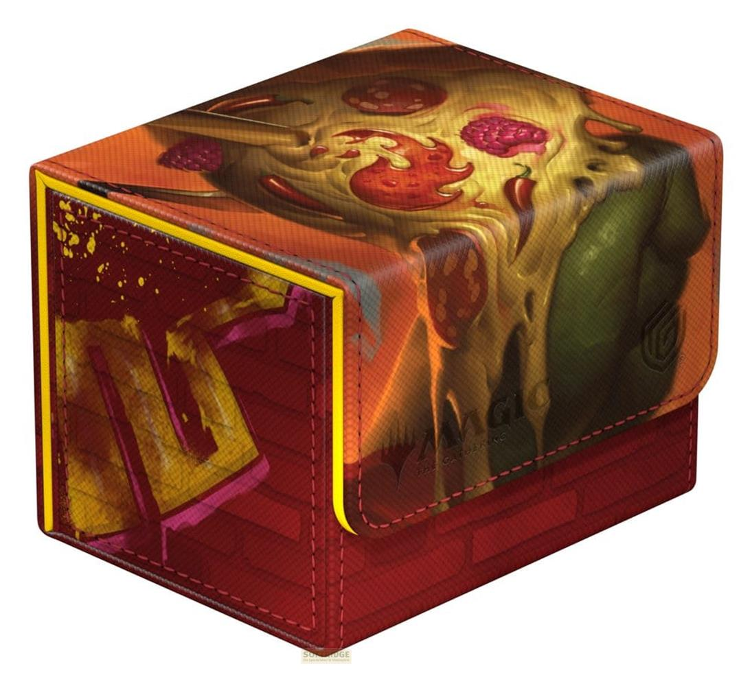 Une boîte à cartes rouge ornée d'un motif de pizza fondante.