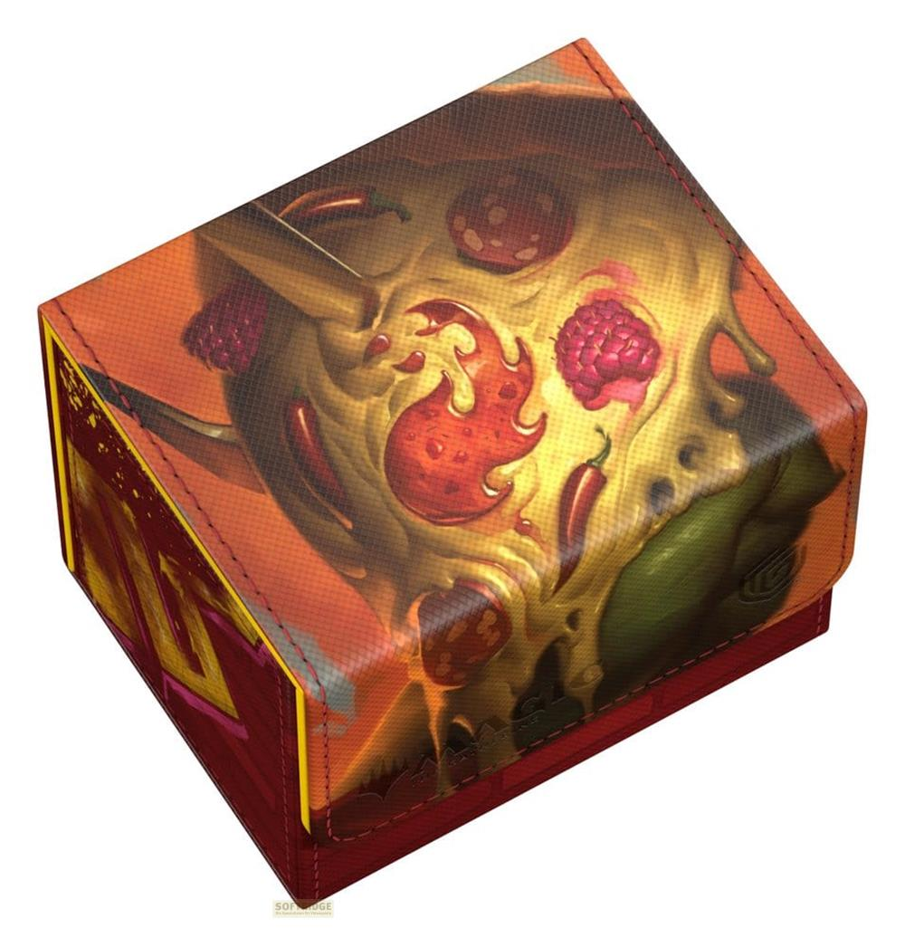 Un porte-cartes avec un design de pizza, piments ardents et pepperoni.