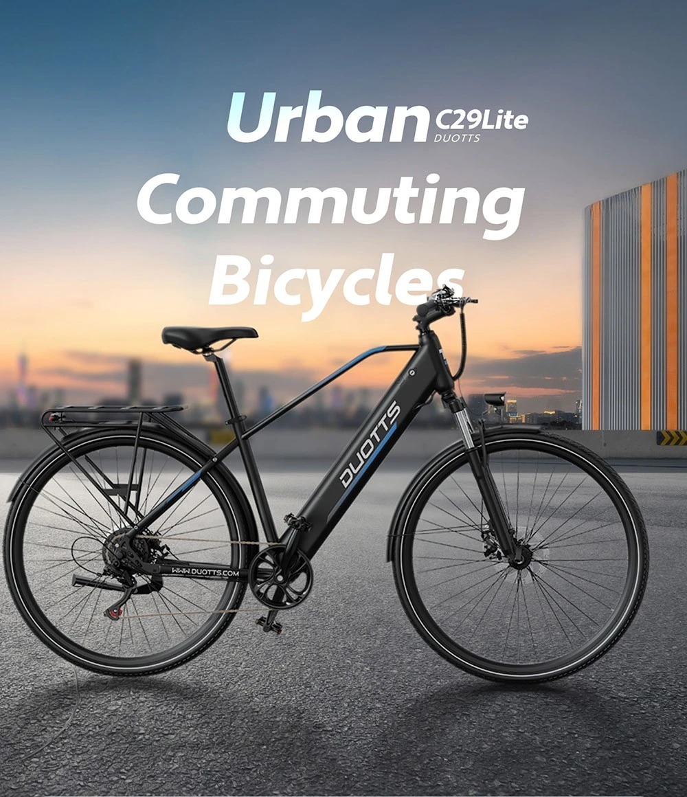 Una bicicletta nera da pendolarismo urbano con logo DUOTTS sta sull'asfalto.