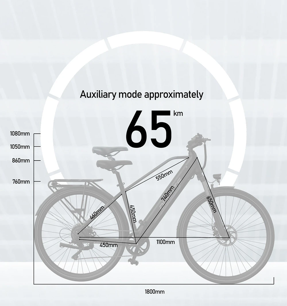 Diagramma e-bike con dimensioni e autonomia 65 km in modalità ausiliaria.