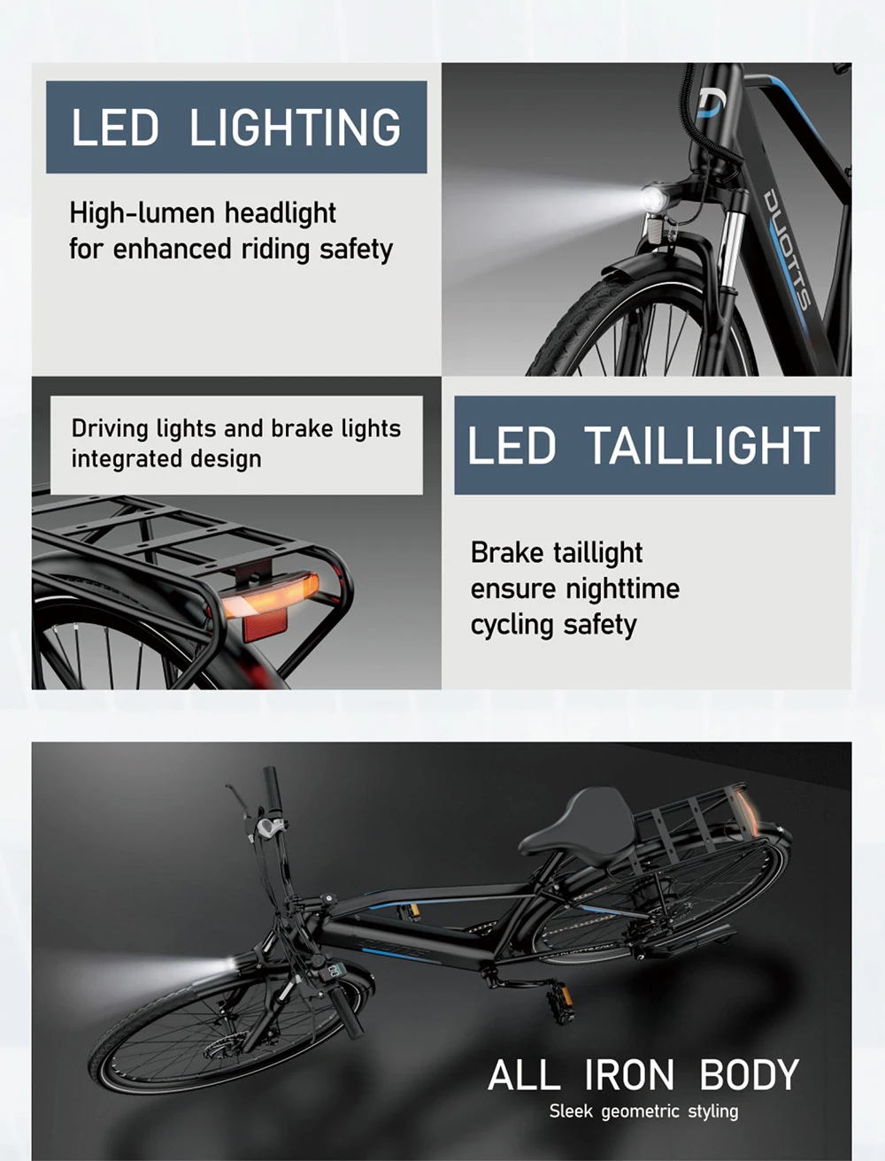 Bicicletta con illuminazione LED anteriore e posteriore, telaio nero.