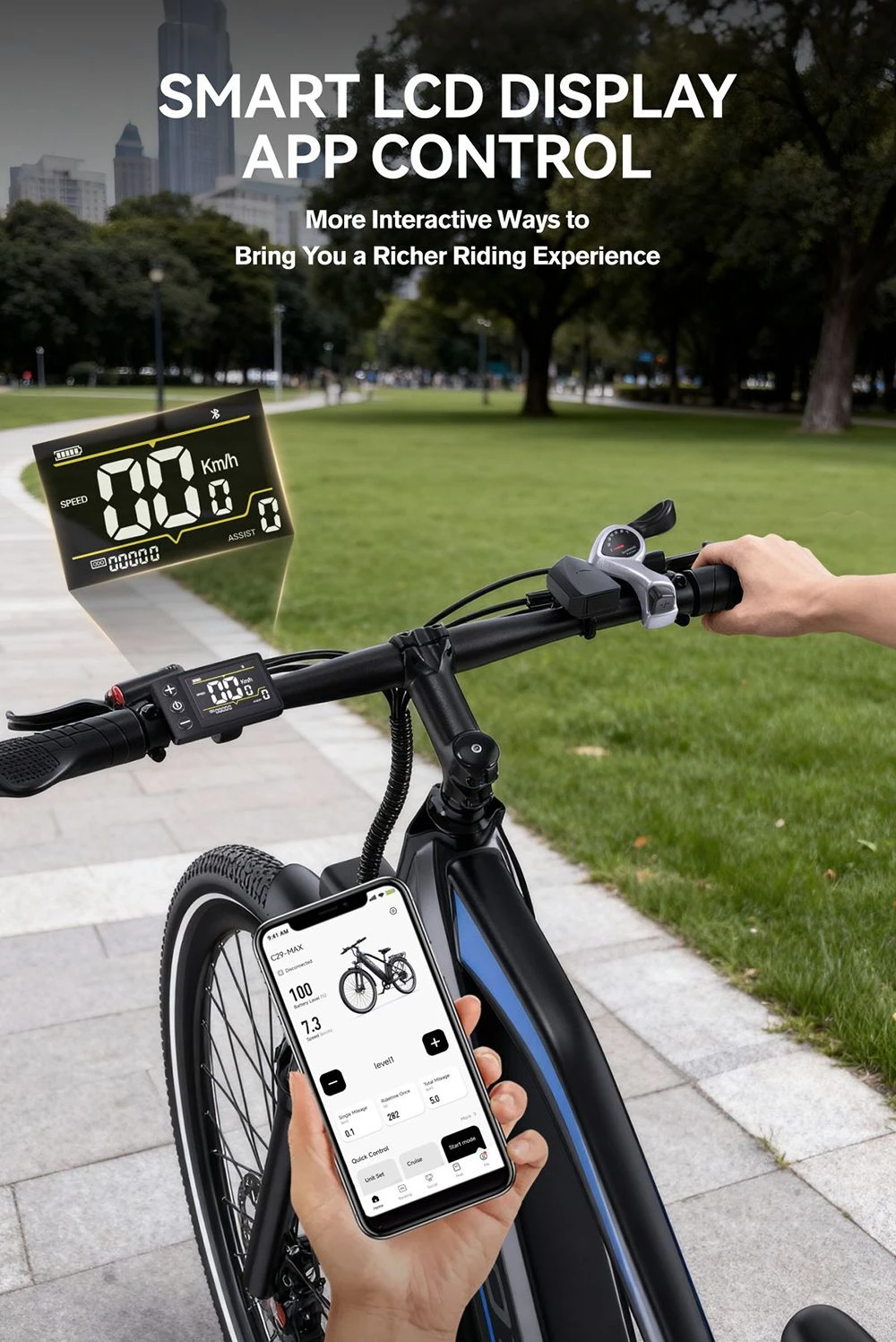 Primo piano di una e-bike con smartphone in mano che mostra l'app.