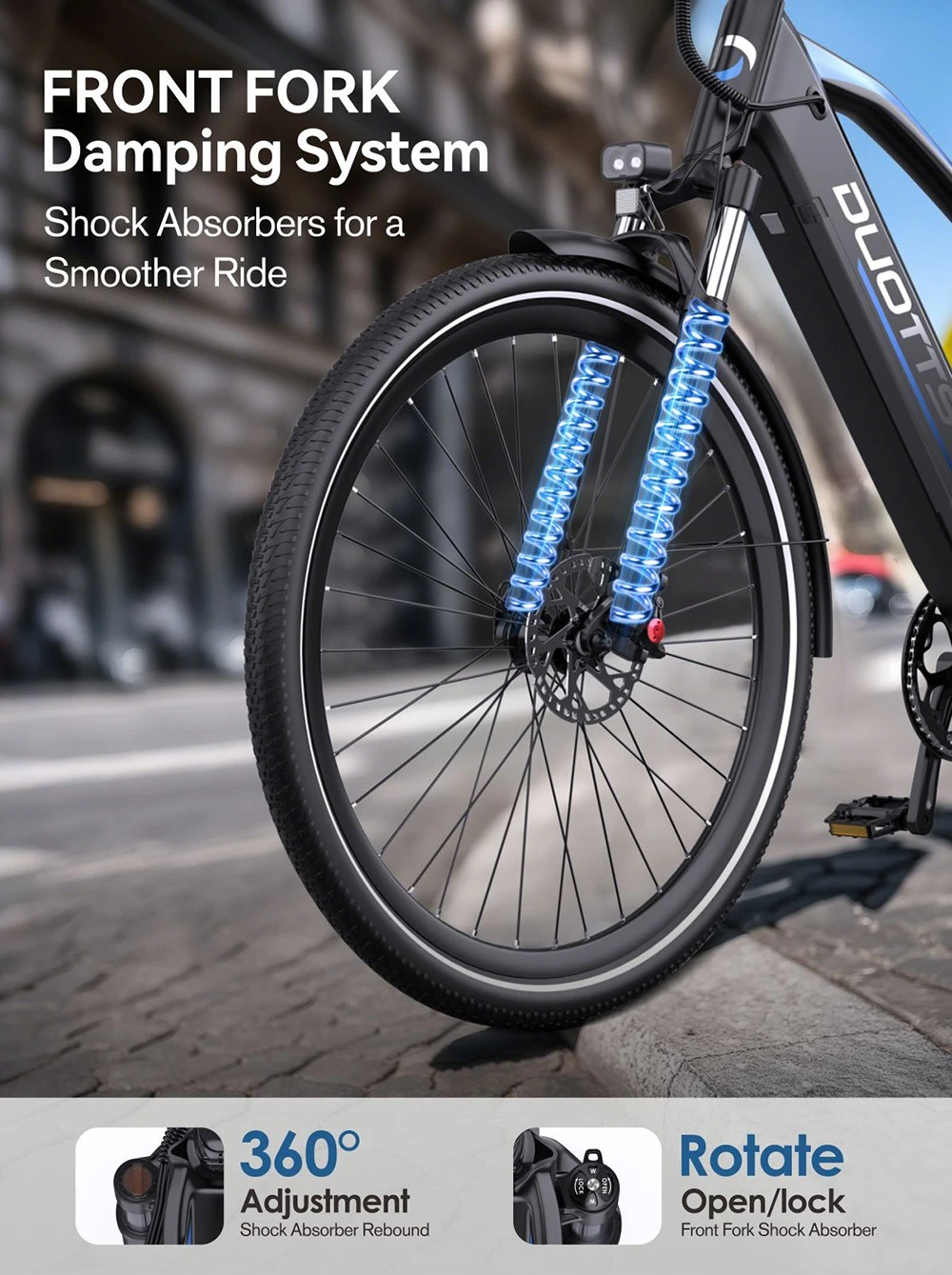 Forcella anteriore di bicicletta con ammortizzatori blu.