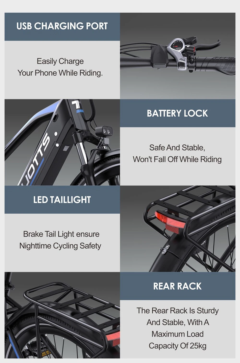 Caratteristiche e-bike: porta USB, blocco batteria, fanale posteriore LED.