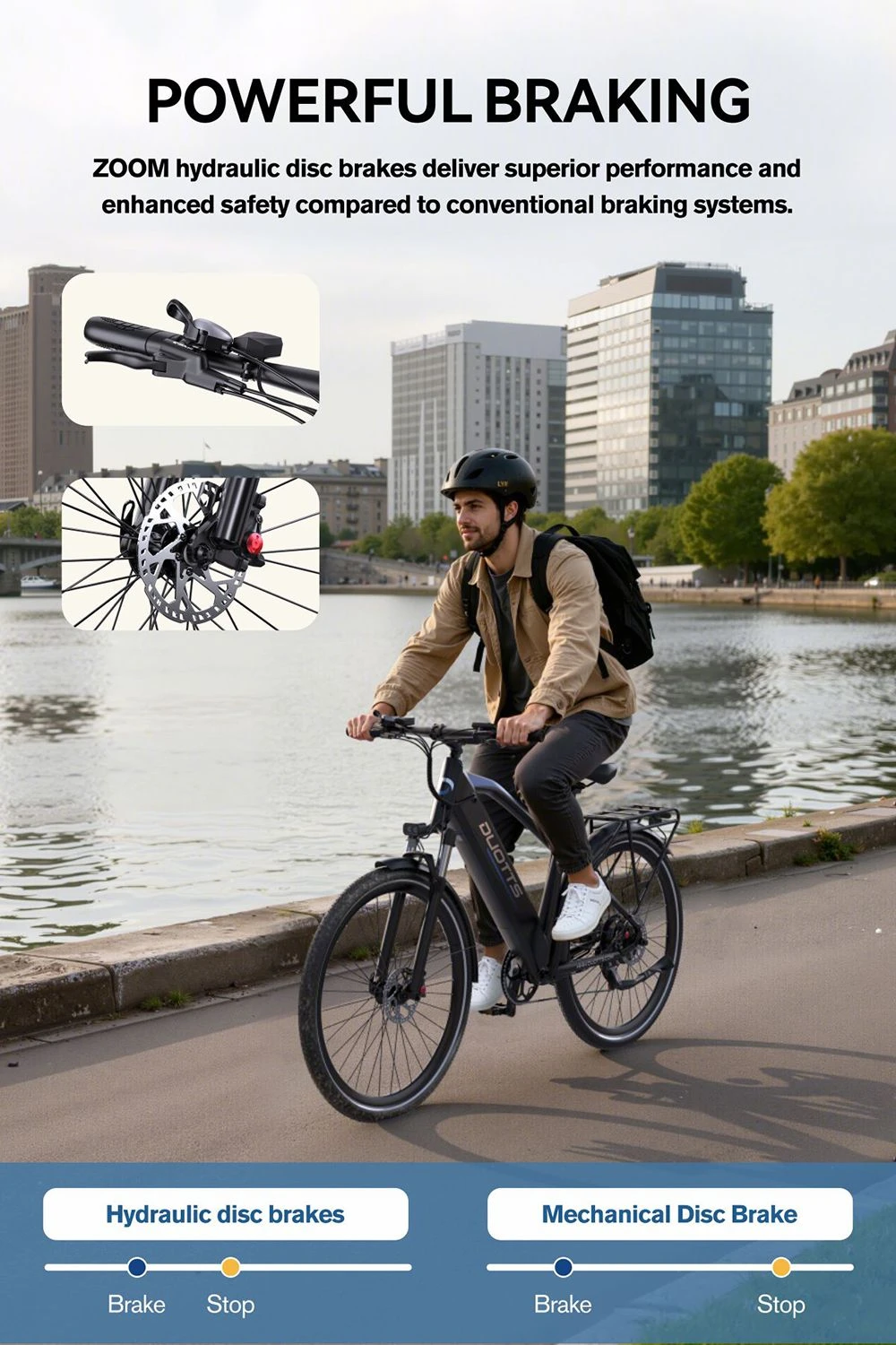 Uomo in bici elettrica vicino all'acqua, mostra freni a disco idraulici.