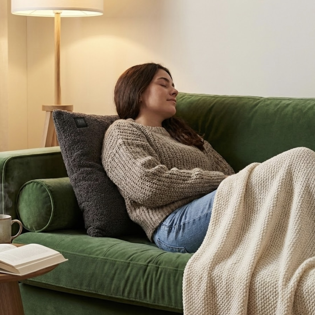 Frau entspannt auf Sofa mit Decke und Kissen, beleuchtet von Stehlampe.