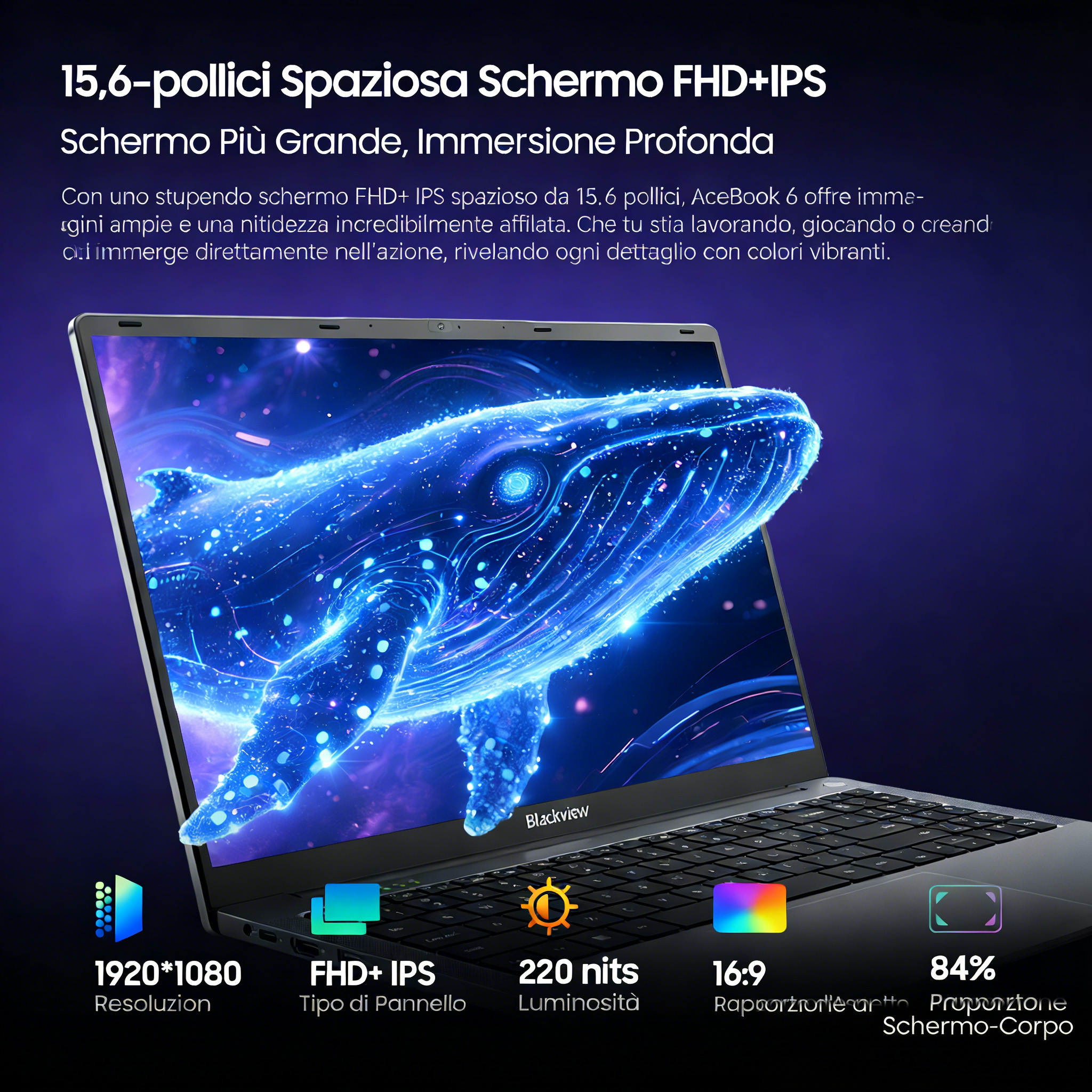 Un laptop con una balena blu luminosa sullo schermo. Specifiche sotto.