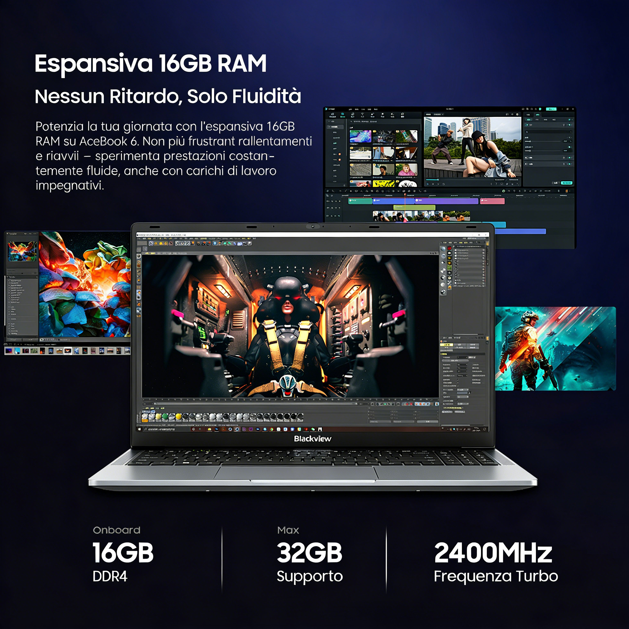 Un laptop mostra software di editing video con varie clip.