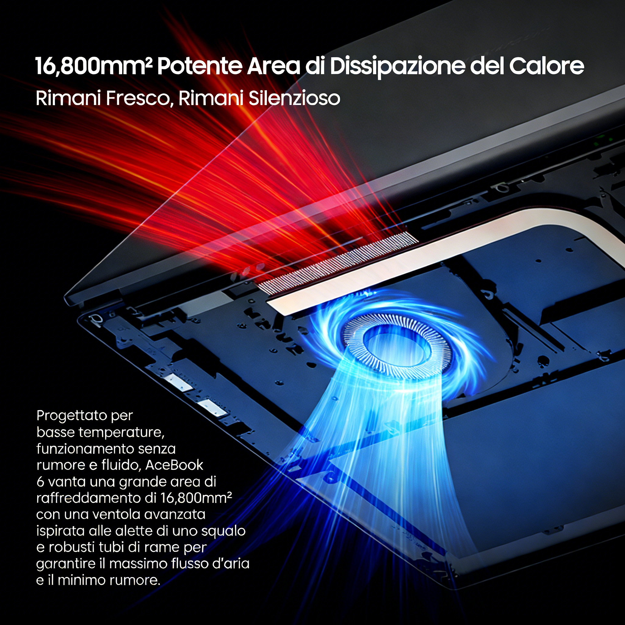 Una ventola aspira aria fresca, il calore rosso esce sopra. Raffreddamento laptop.