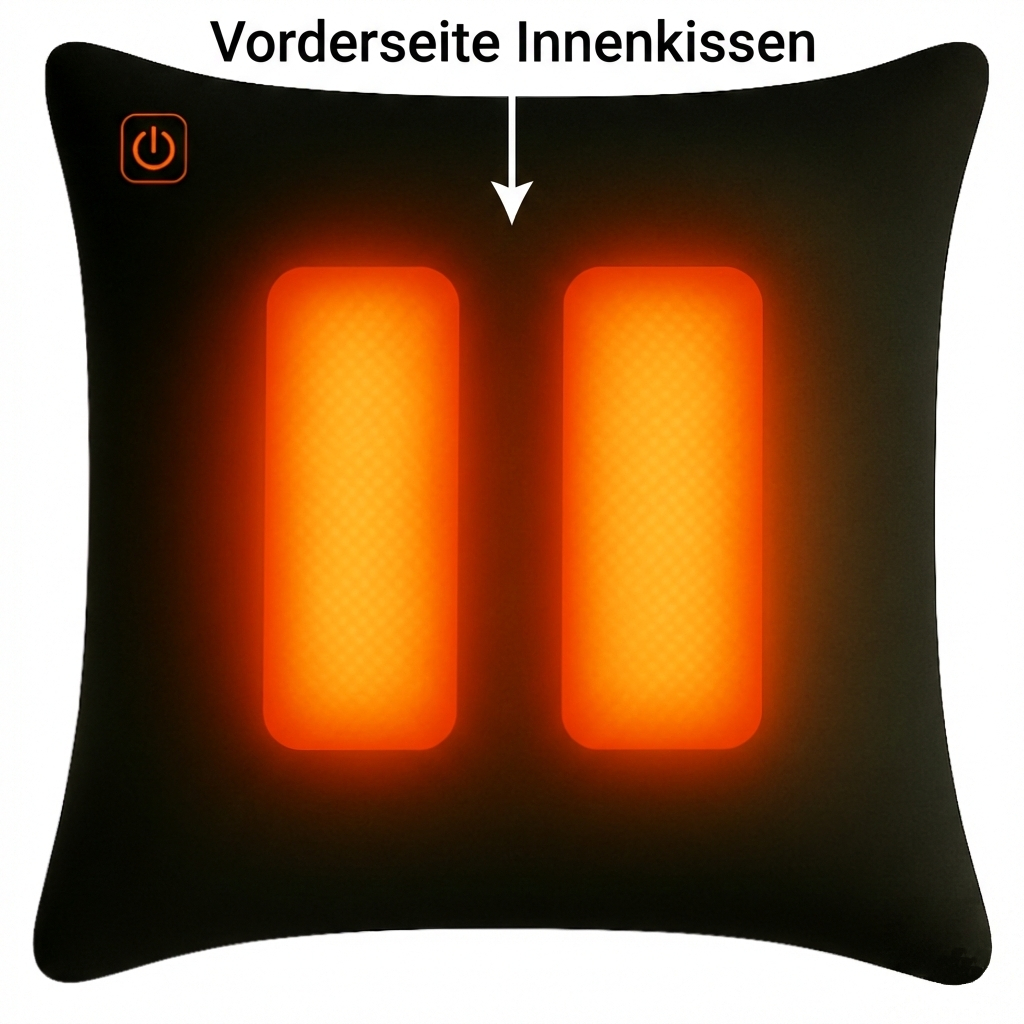 Schwarzes Kissen mit zwei leuchtend orangen Heizzonen und einem Power-Symbol.