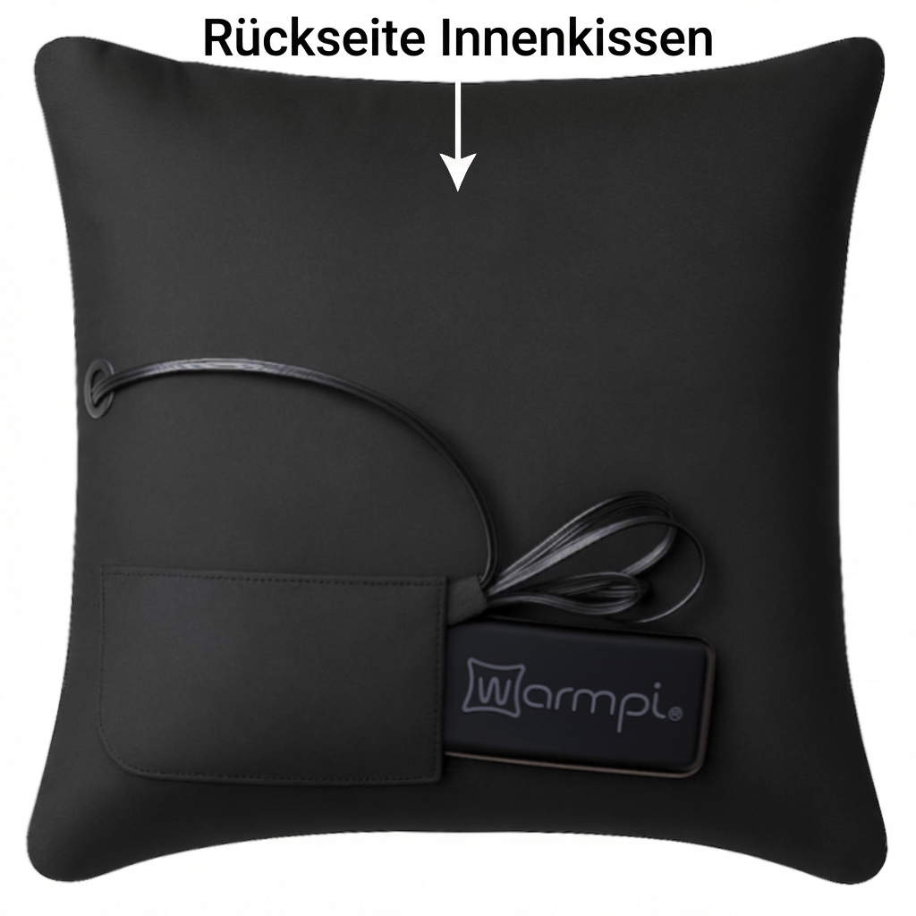 Schwarzes Kissen mit einer Tasche, einem Riemen und einem Warmpi-Akku.