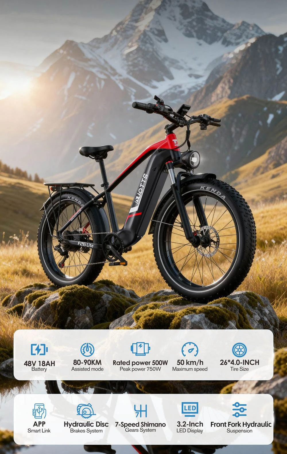 Una bicicletta elettrica rossa e nera siede su terreno roccioso davanti a un paesaggio montano.