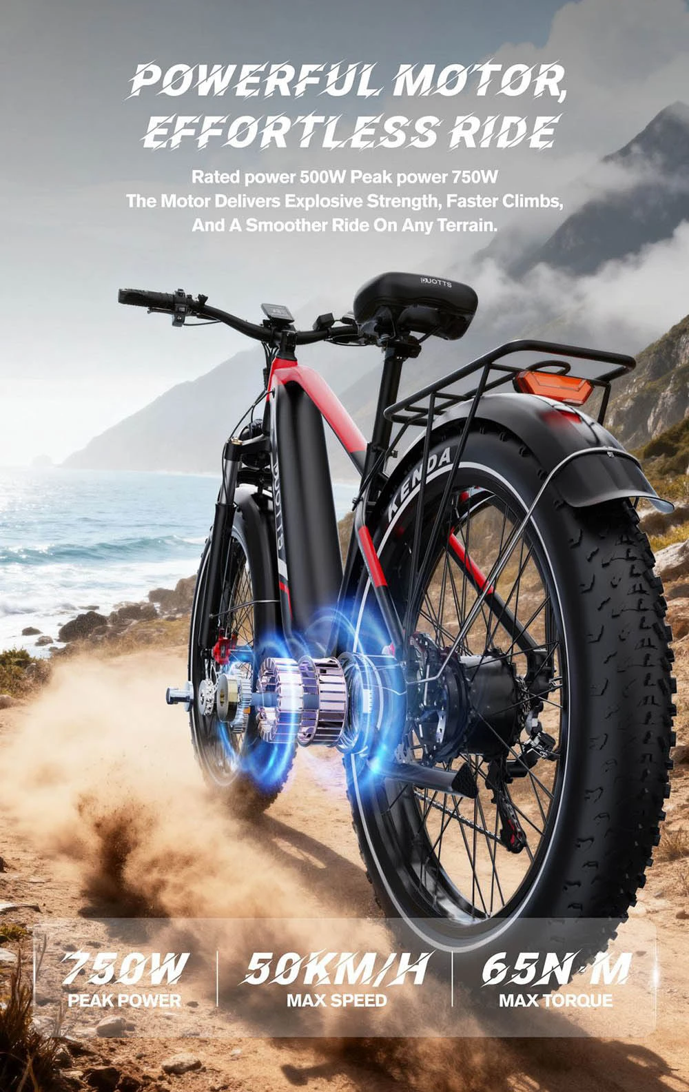 Una bici elettrica rossa e nera pedala su un sentiero polveroso vicino al mare.