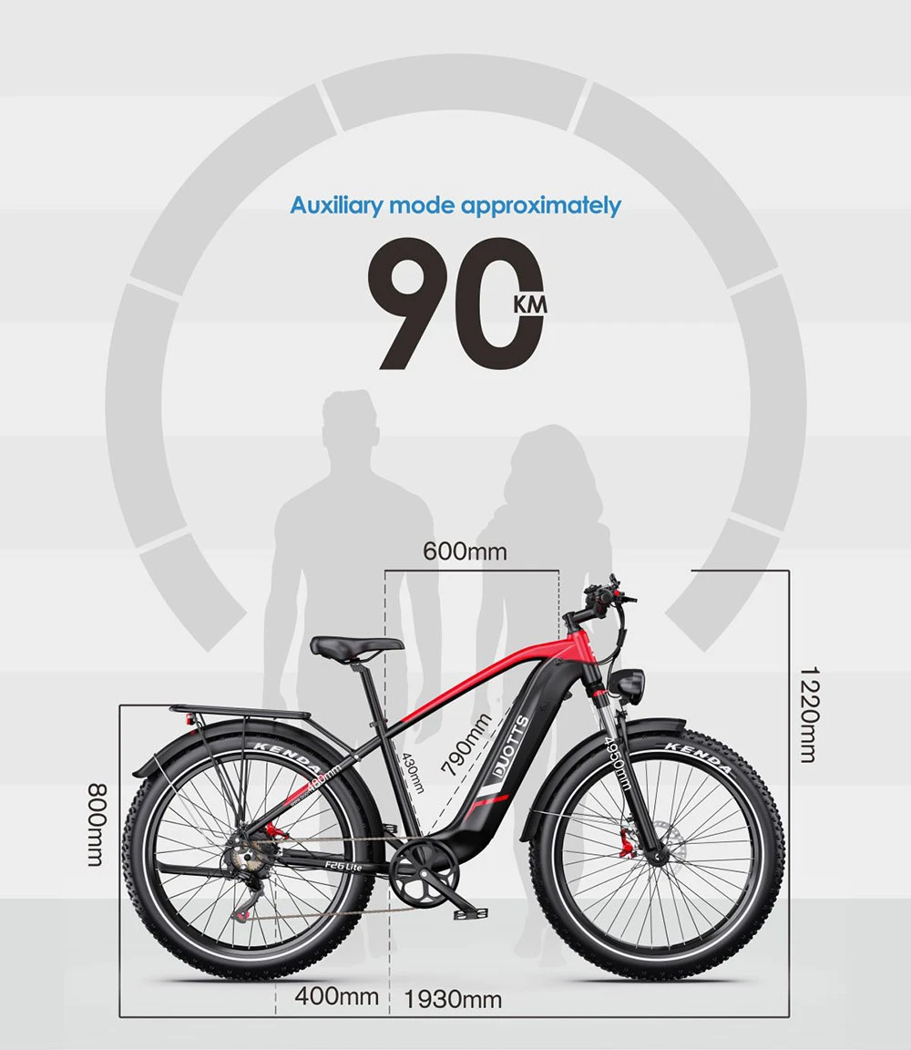 Bici elettrica nera con accenti rossi, dimensioni e autonomia di 90 km.