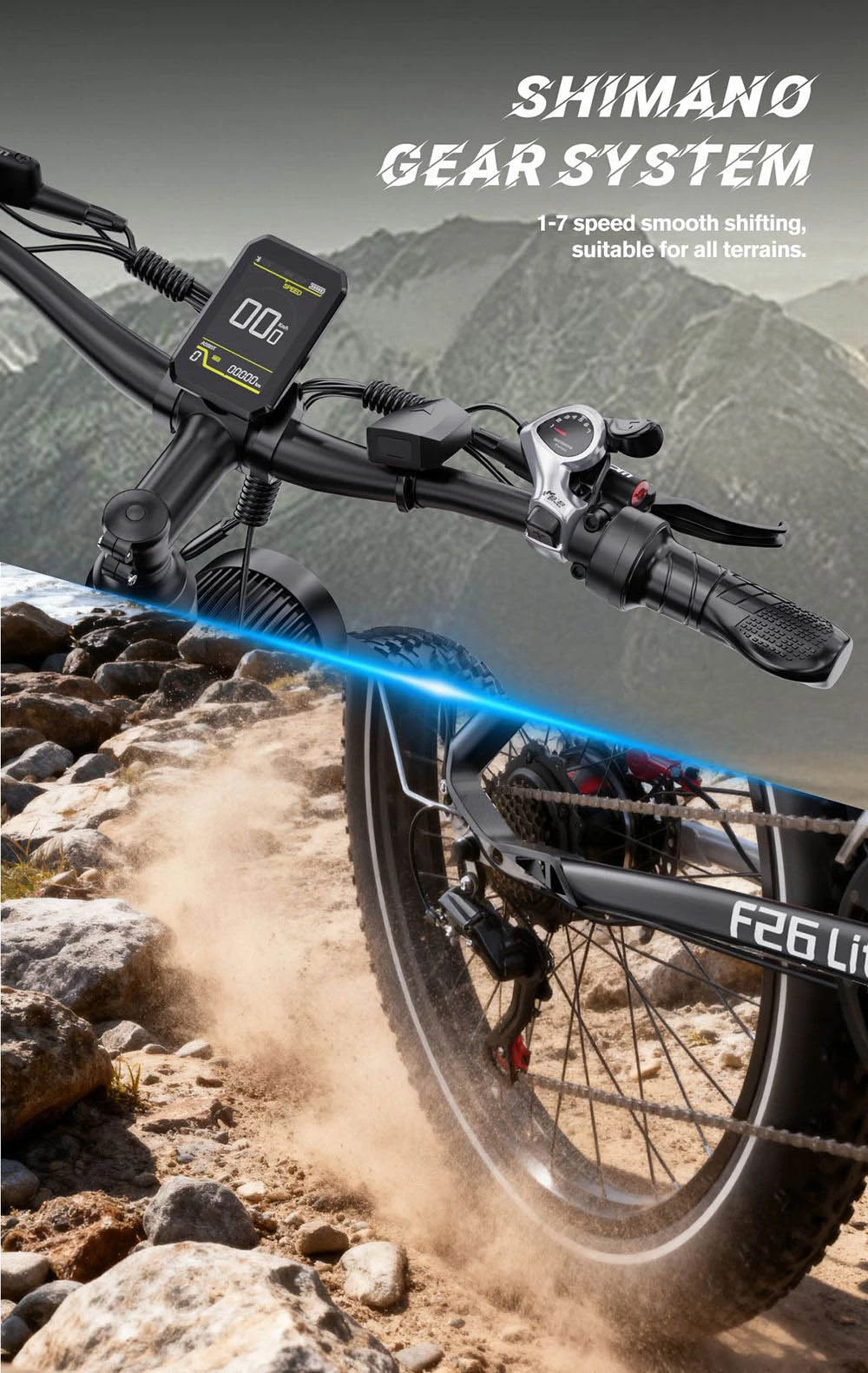 Primo piano di una bicicletta con sistema di cambio Shimano e display su terreno roccioso.