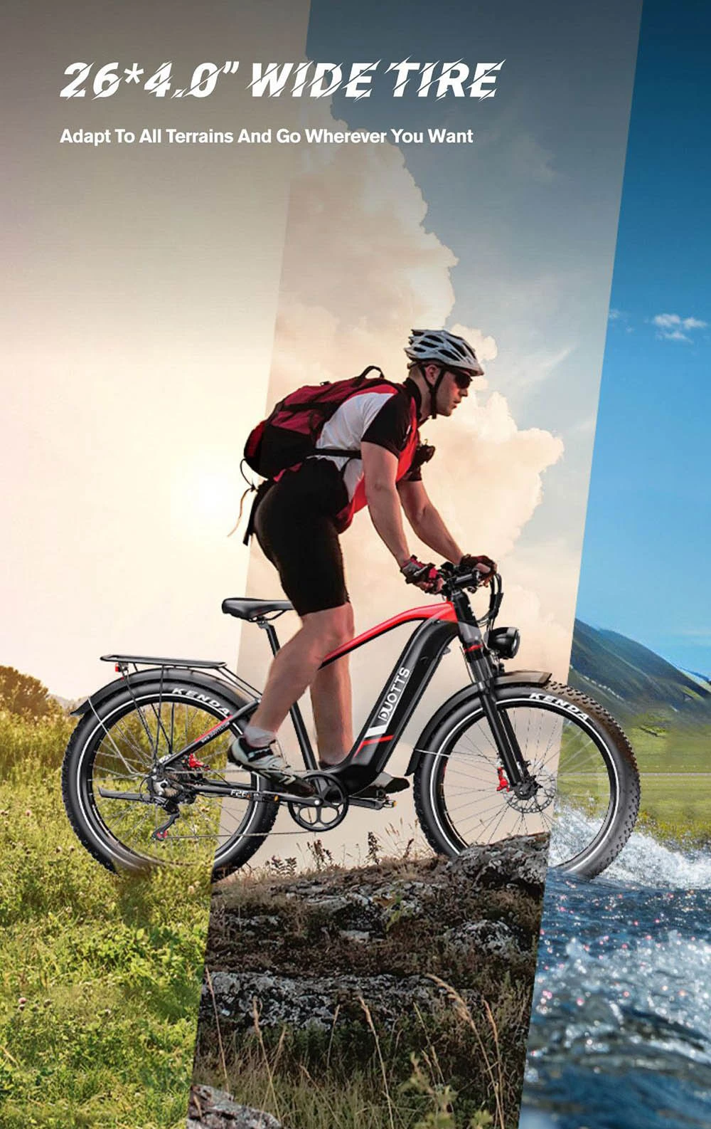 Un uomo guida una e-bike con copertoni larghi attraverso terreni diversi: erba, rocce, acqua.
