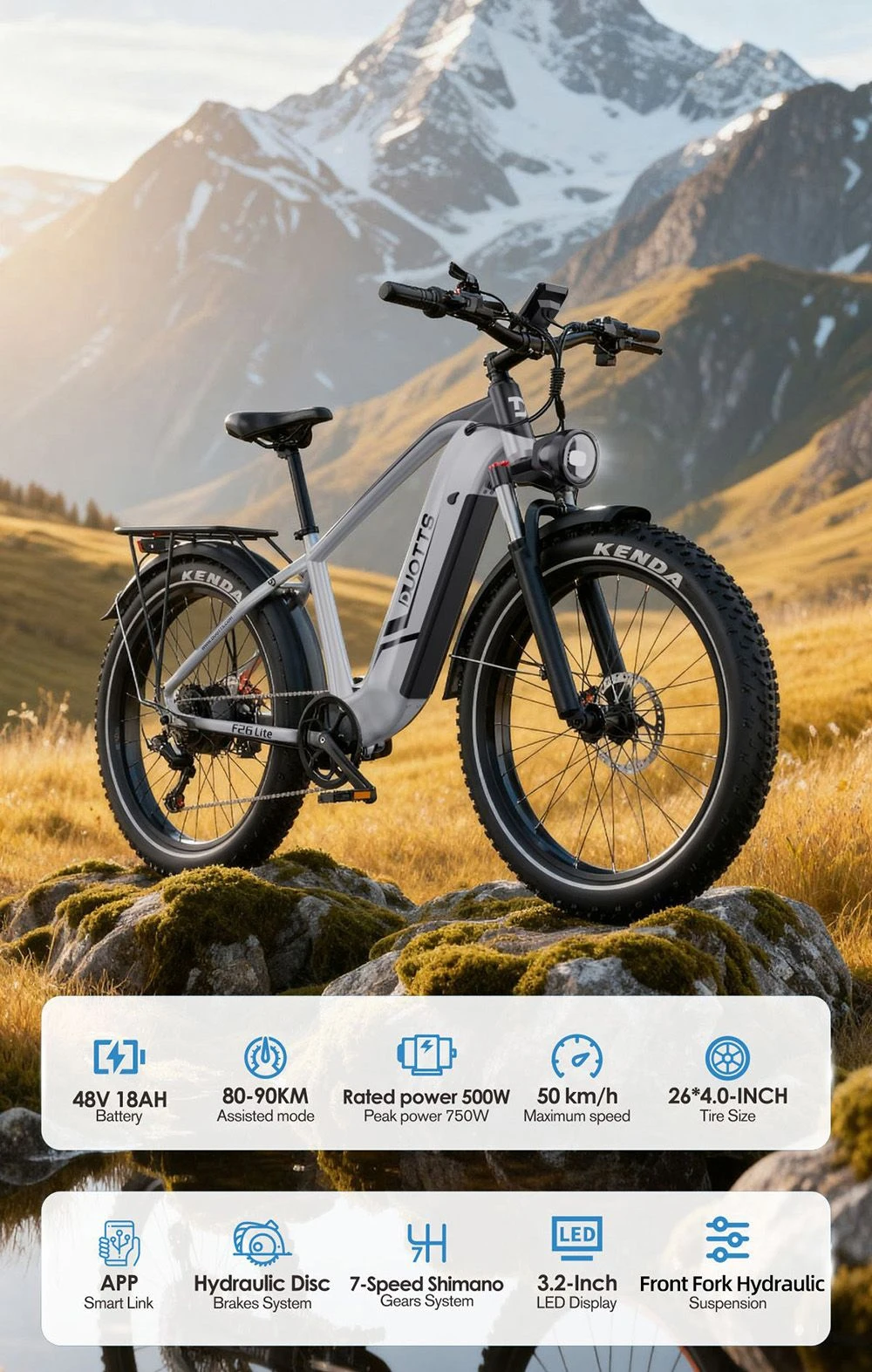 Una bici elettrica bianca su terreno roccioso con montagne sullo sfondo.