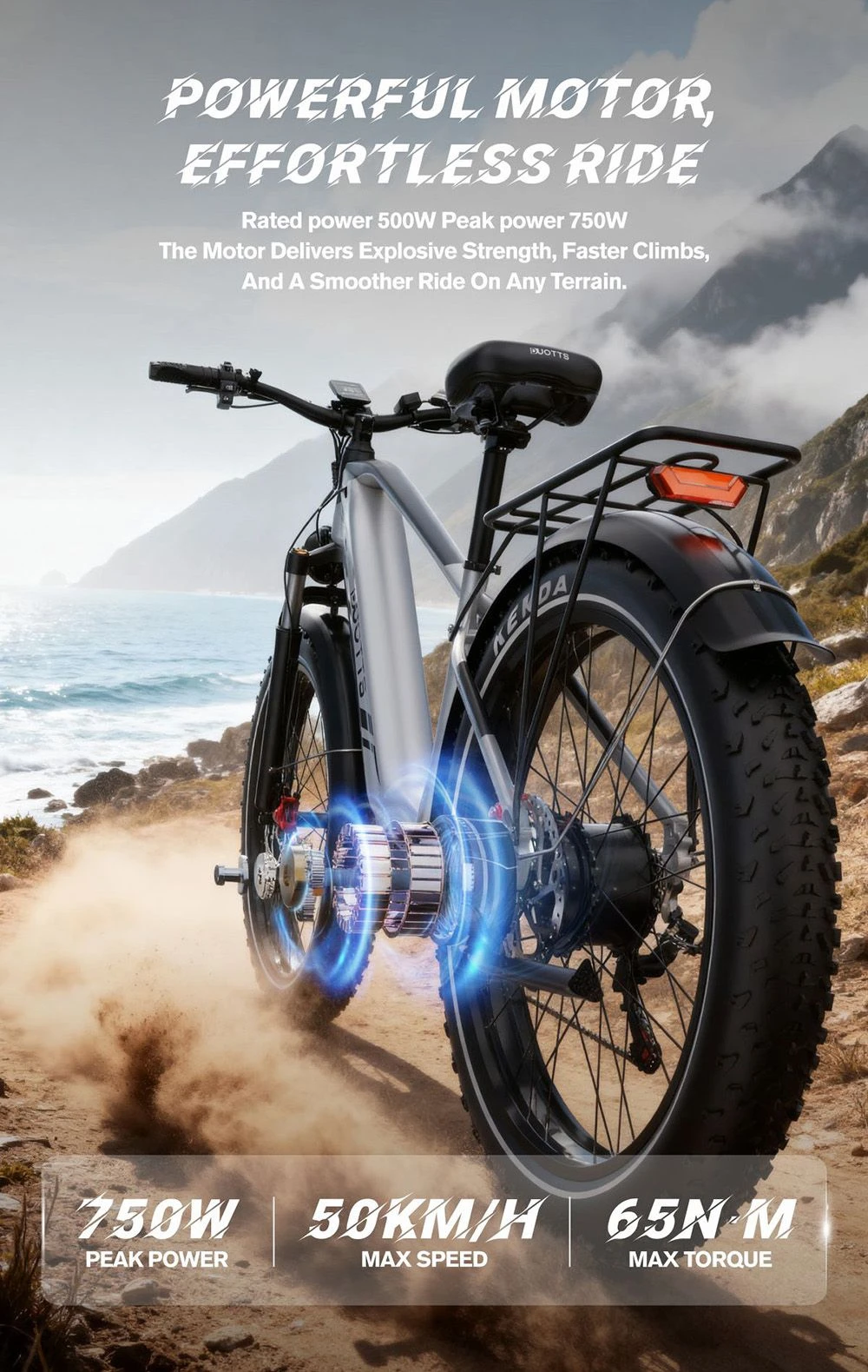 E-bike argentata con pneumatici grassi su sentiero polveroso vicino al mare.