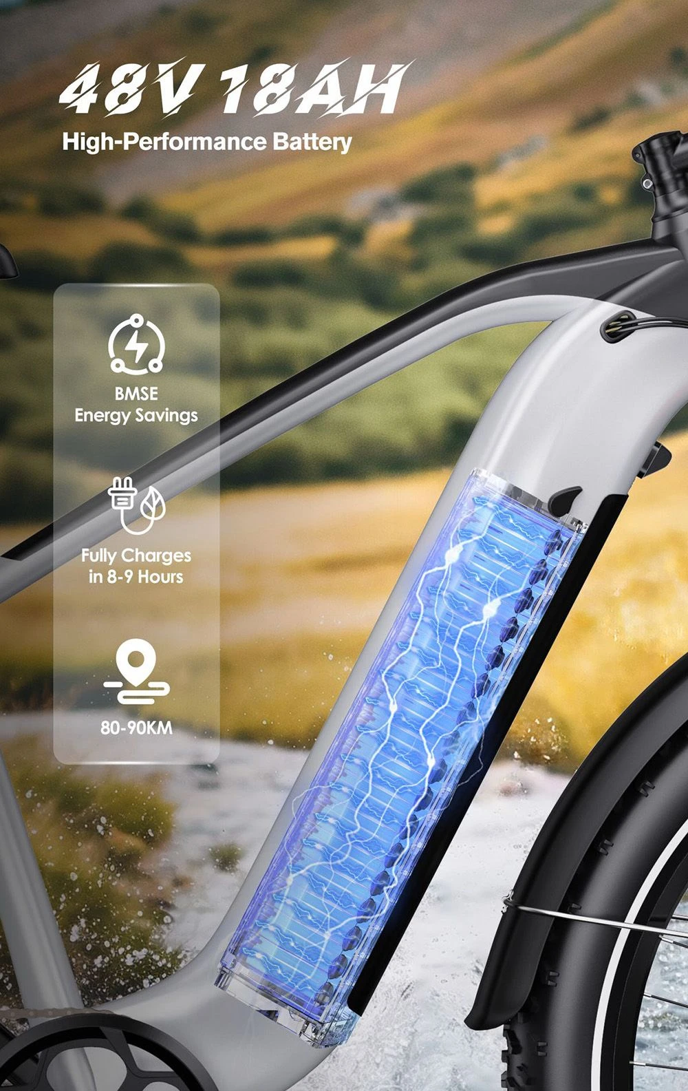 Batteria e-bike 48V 18AH, dettagliata con indicatori di carica e specifiche prestazionali.