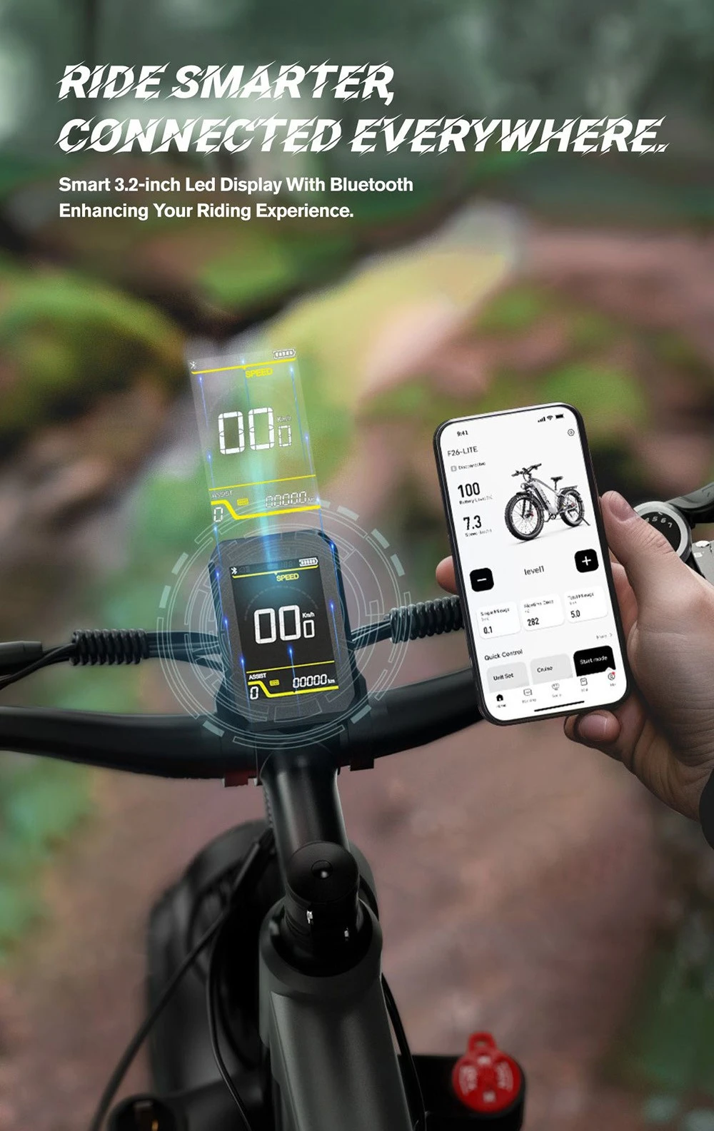 Display e-bike e smartphone mostrano dati di guida. Sfondo foresta.