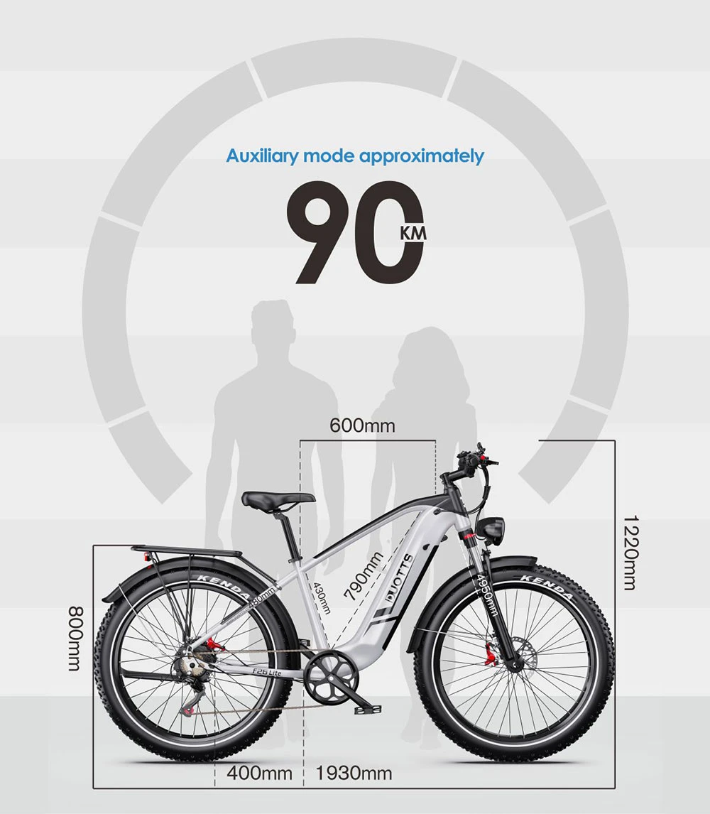 Bicicletta elettrica con dimensioni mostrate. Autonomia modalità ausiliaria 90 km.