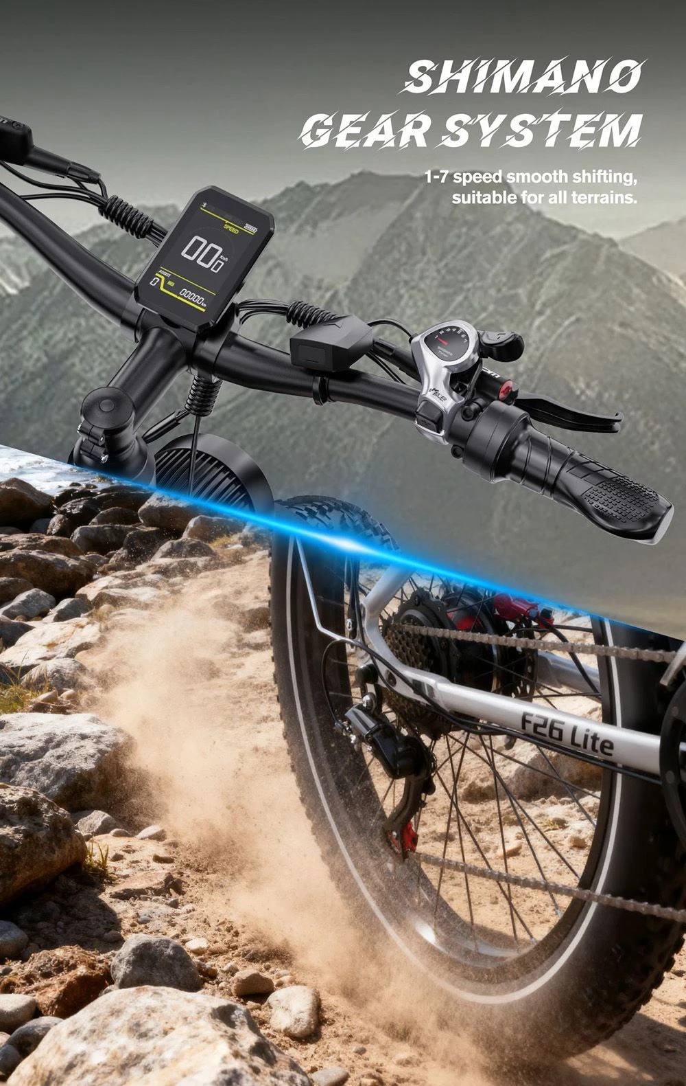 Una e-bike con sistema di cambio Shimano percorre un sentiero roccioso e polveroso.