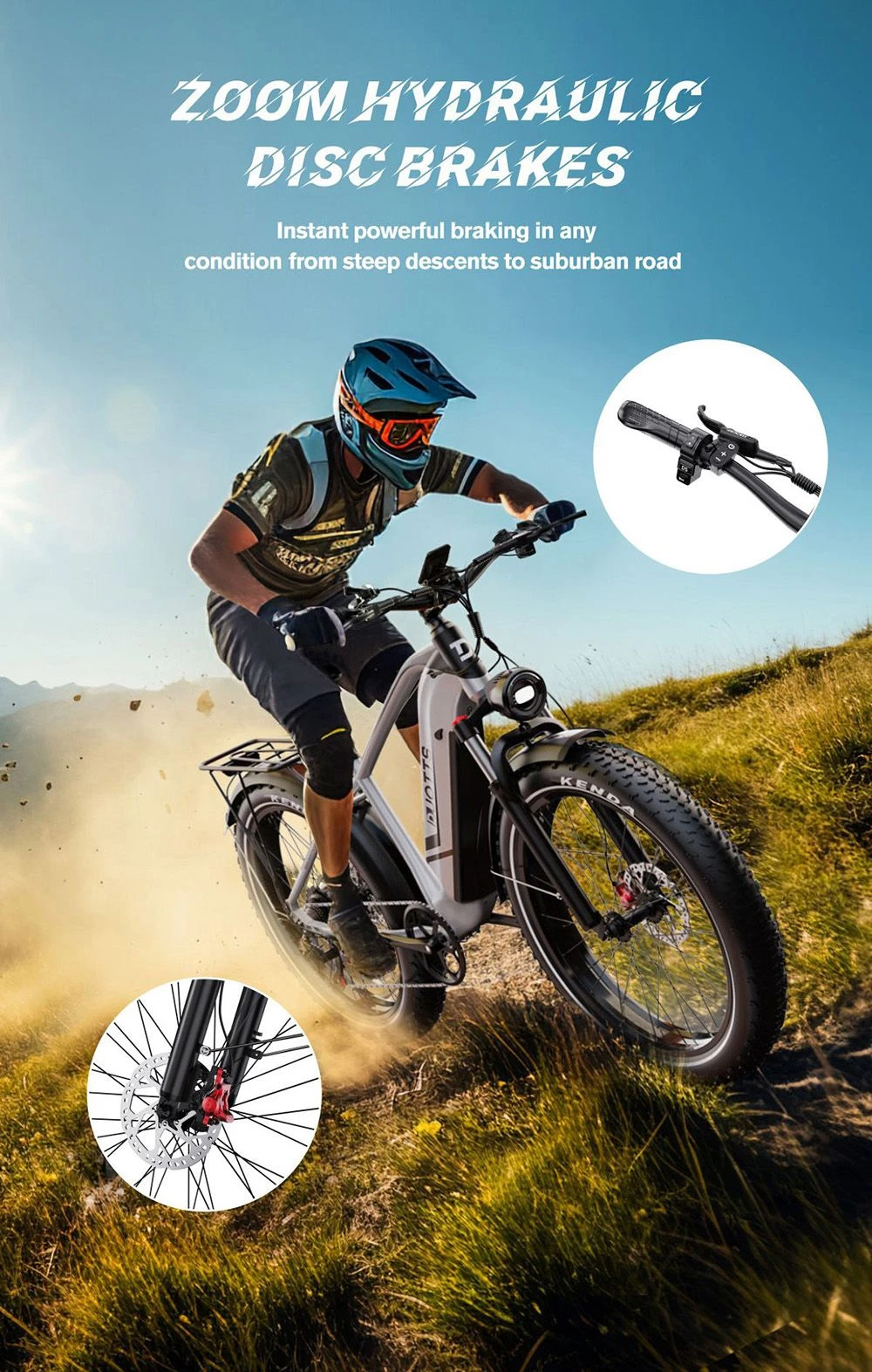 Un uomo guida una e-bike lungo un sentiero montano polveroso.