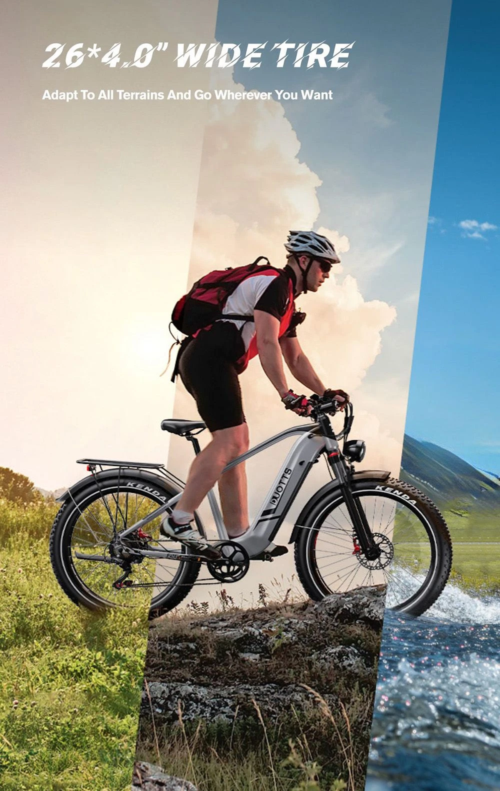 Uomo guida e-bike su rocce, erba e acqua. Pneumatici 26x4.0.