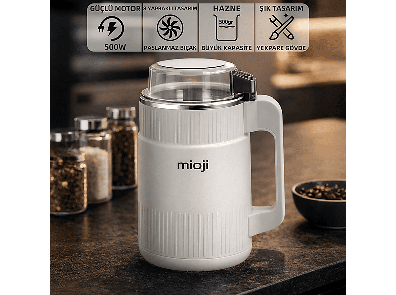 MIOJI Mio CG34 500W Paslanmaz Çelik Bıçak Kahve ve Baharat Öğütücü Beyaz
