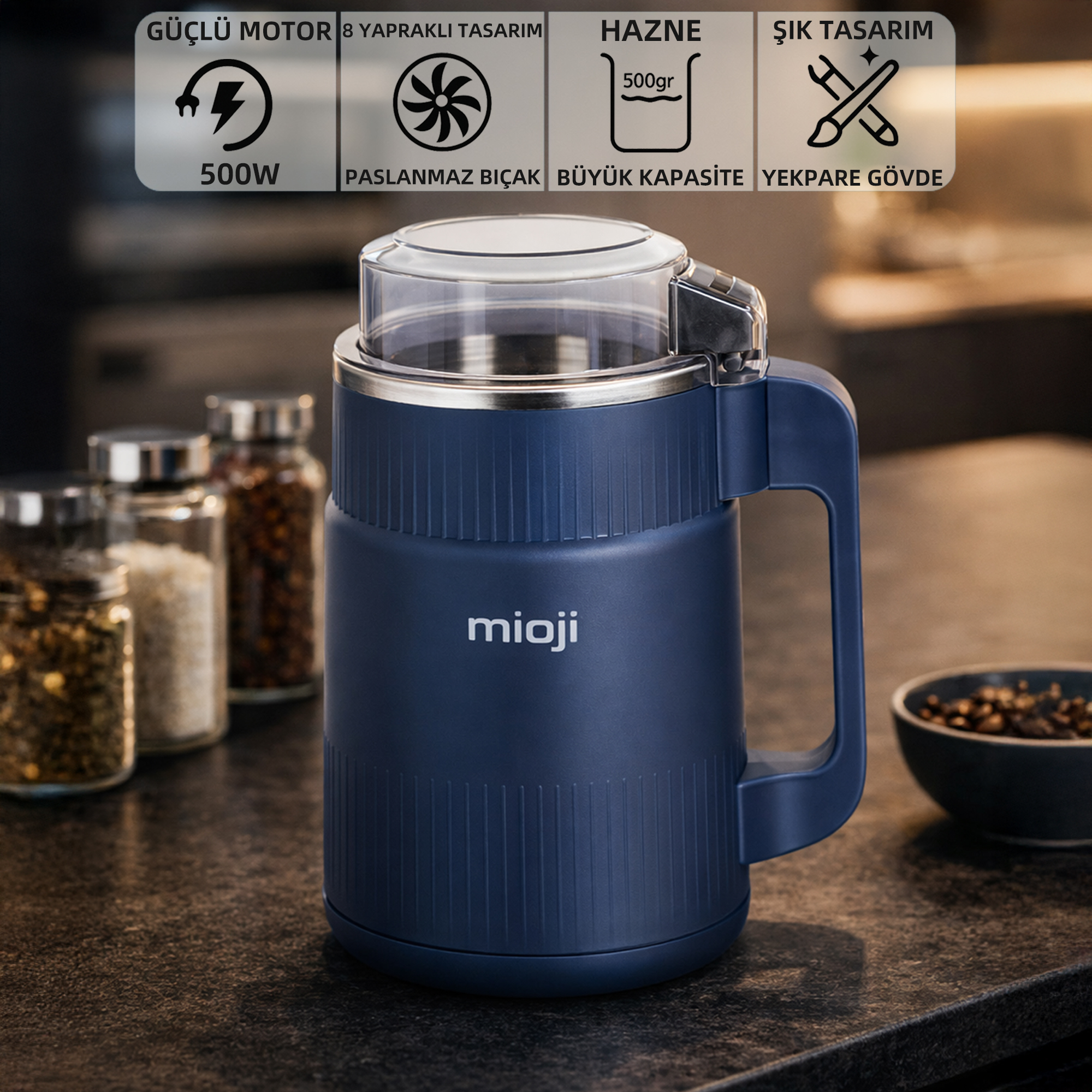 MIOJI Mio CG34 500W Paslanmaz Çelik Bıçak Kompakt Kahve ve Baharat Öğütücü Mavi