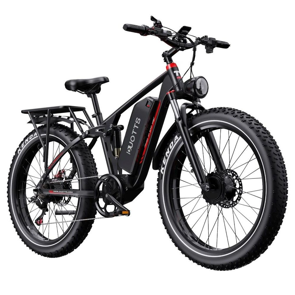 Bicicleta eléctrica negra con neumáticos anchos, portaequipajes y luz LED.