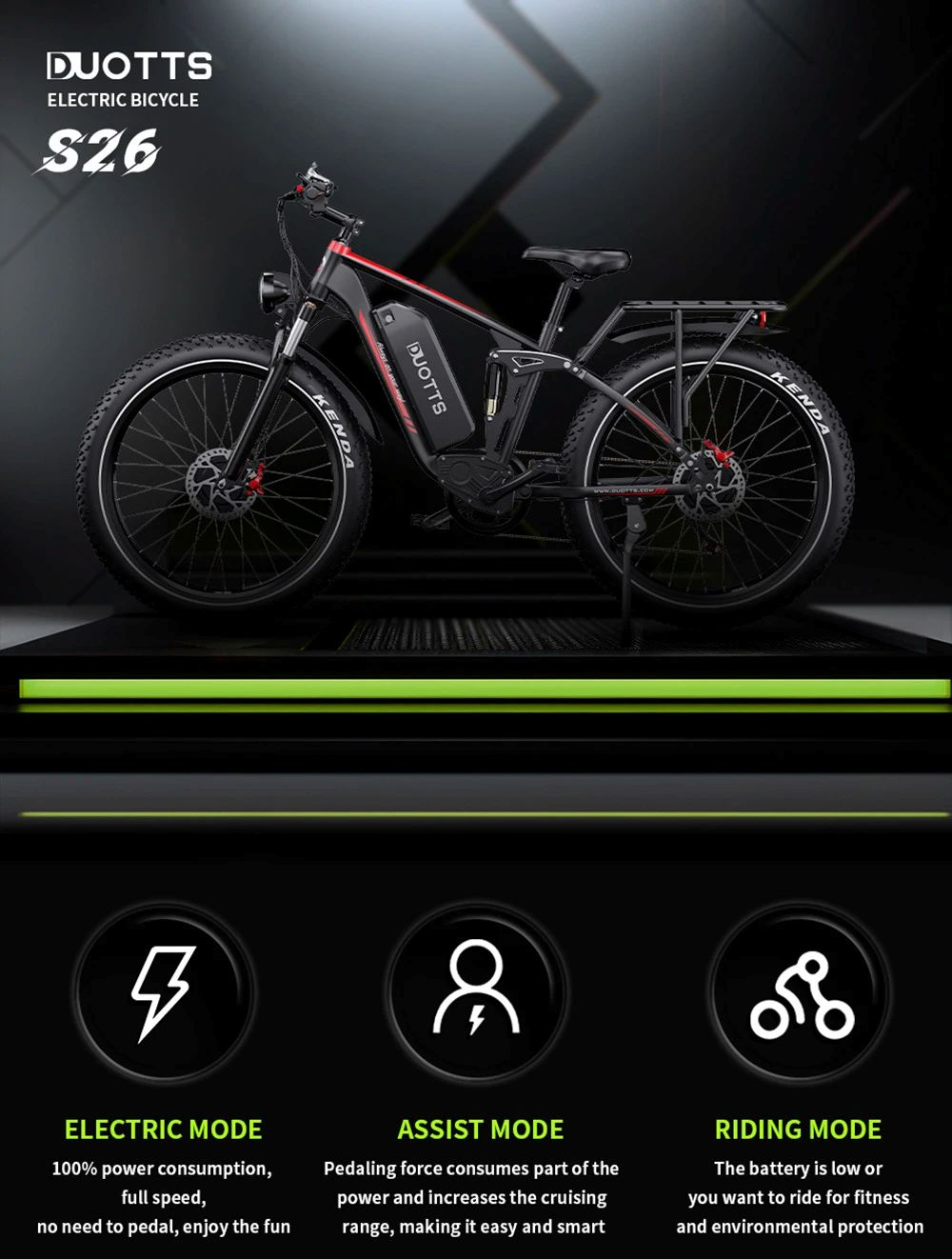Una bicicleta eléctrica negra con llantas anchas, línea roja y logo DUOTTS.