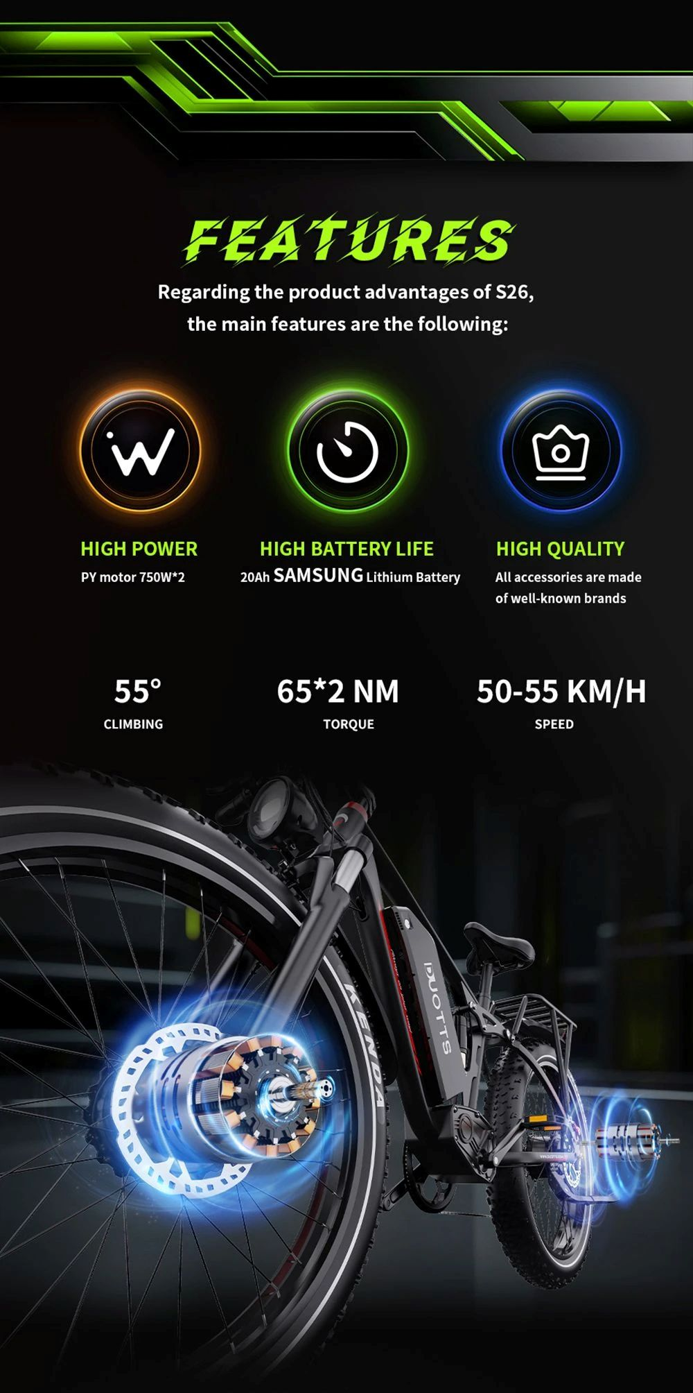 Bicicleta eléctrica con detalles de potencia, batería, calidad, ascenso, par y velocidad.