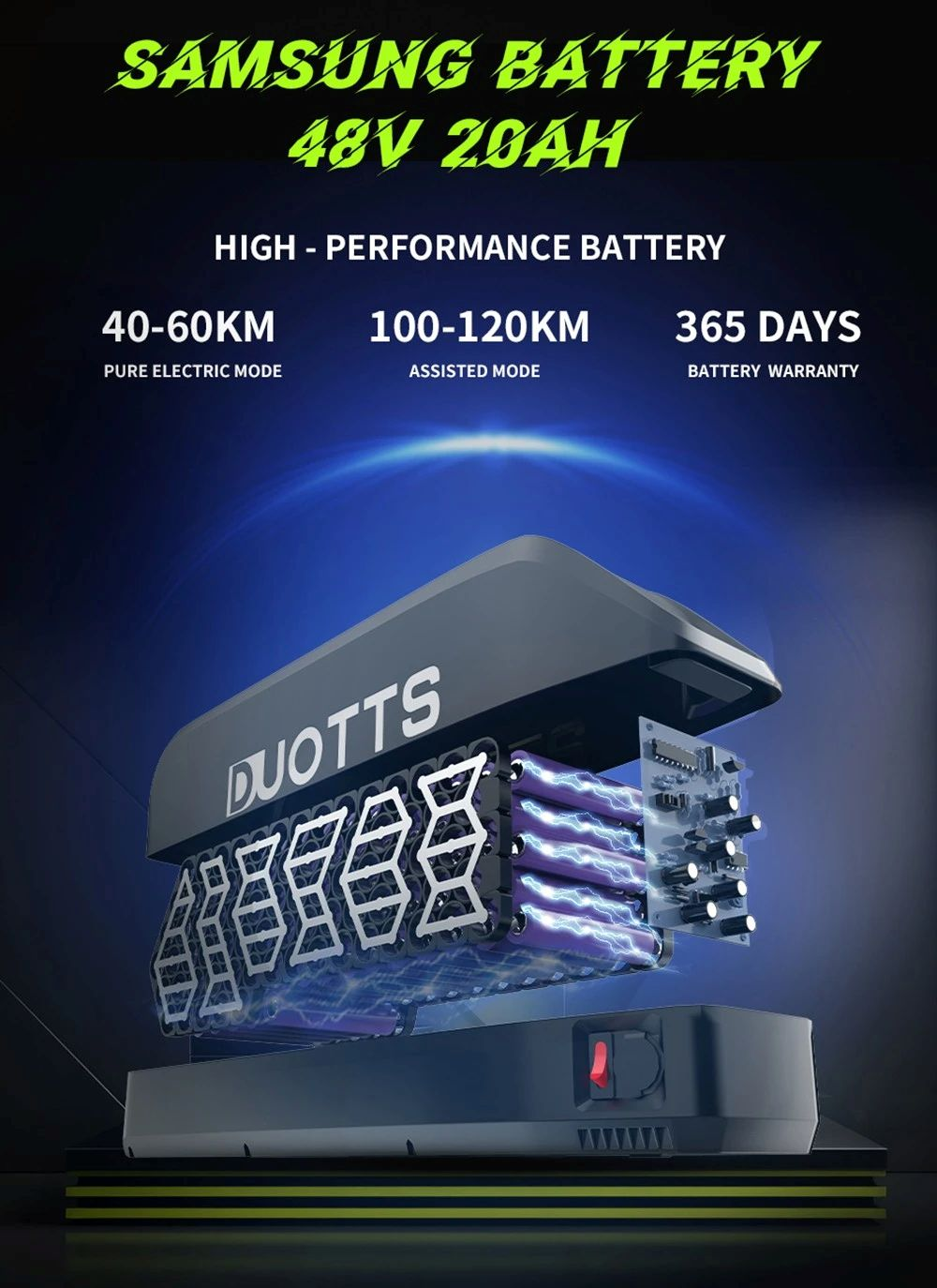 Batería Samsung 48V 20AH: 40-60km eléctrico puro, 100-120km asistido.