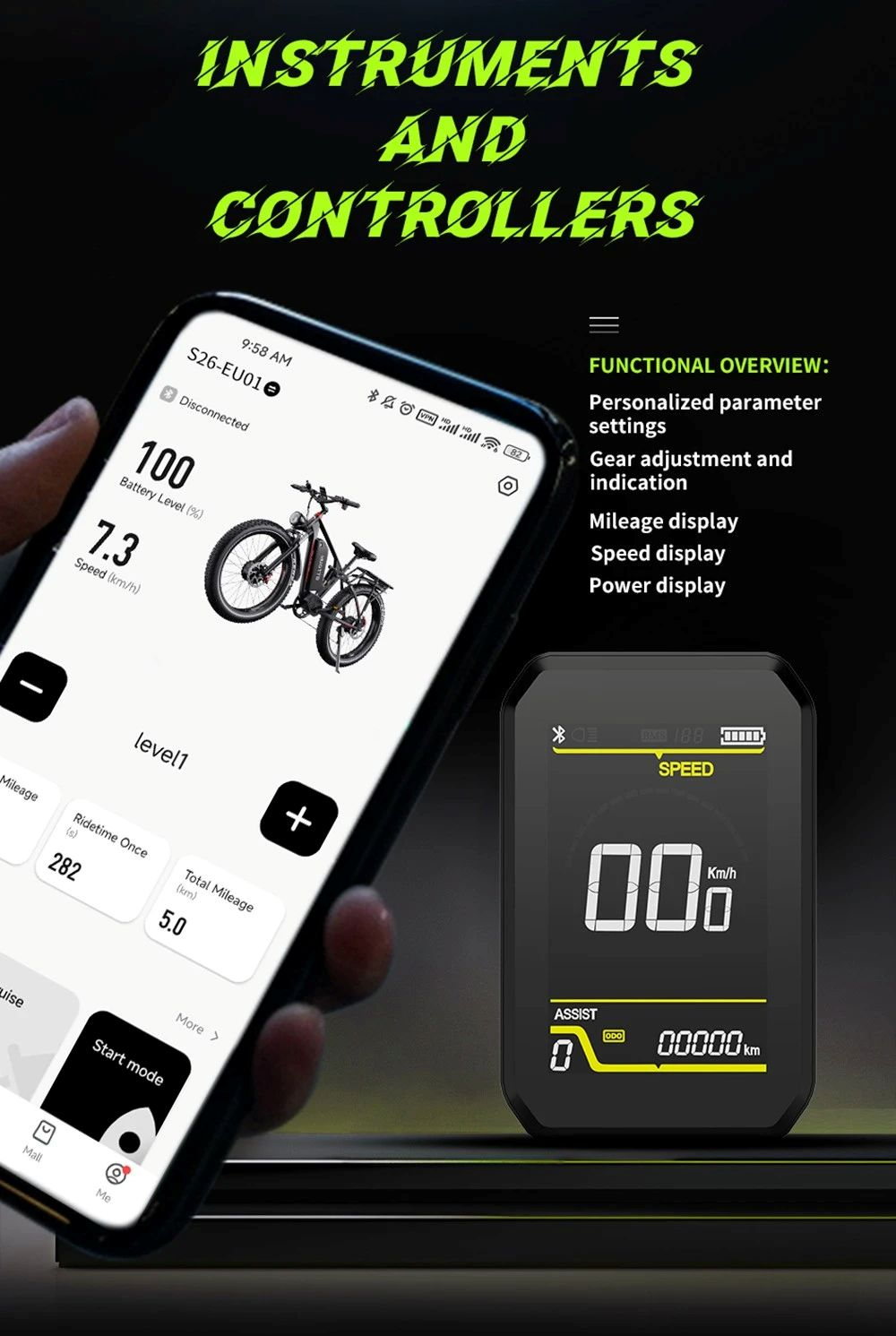 Teléfono muestra app de e-bike con imagen de bici, batería 100%. Pantalla pequeña muestra velocidad.