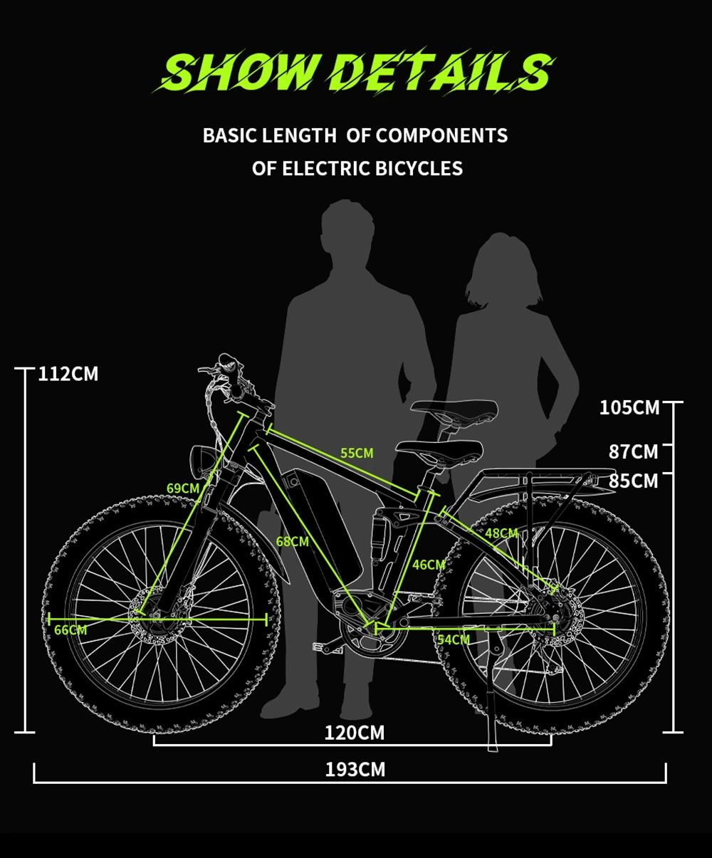 Diagrama de una bicicleta eléctrica con dimensiones y siluetas de dos personas.