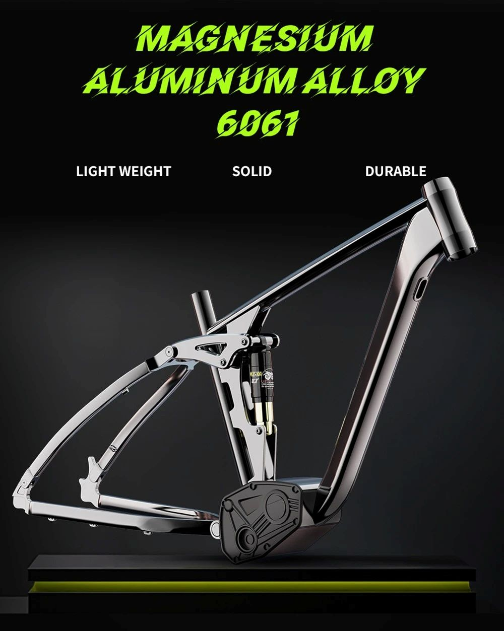 Un cuadro de bicicleta brillante de aleación de magnesio-aluminio 6061, ligero y sólido.