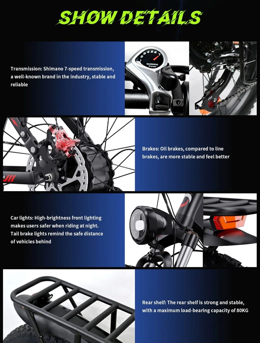 Detalles de una vista general de componentes de e-bike: marchas, frenos, luces, portaequipajes.
